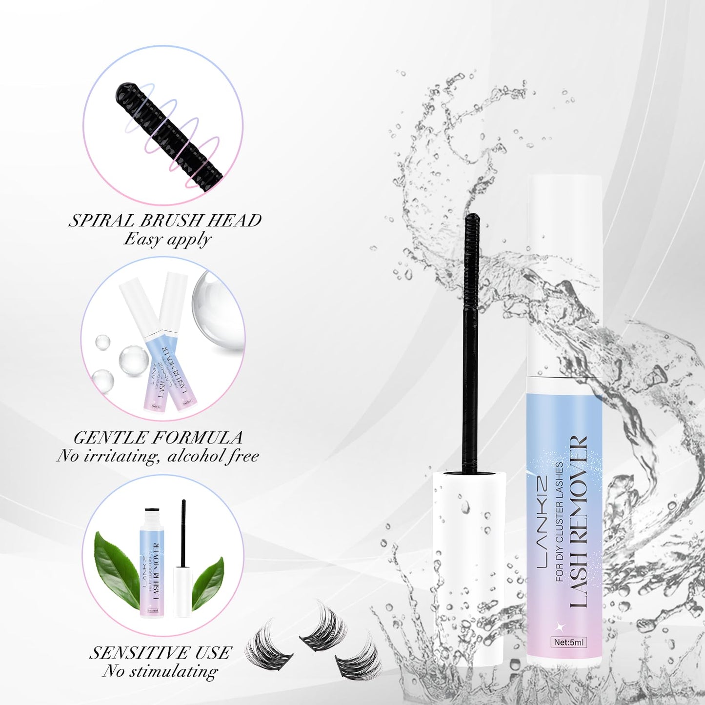 LANKIZ Lash Remover for Cluster Lashes, Lash Clusters Glue Remover, Bond & Seal Lash Glue Remover, Gentle Eyelash Glue Cleanser for Individual Lashes and Wispy False Lashes, DIY Lash Extension