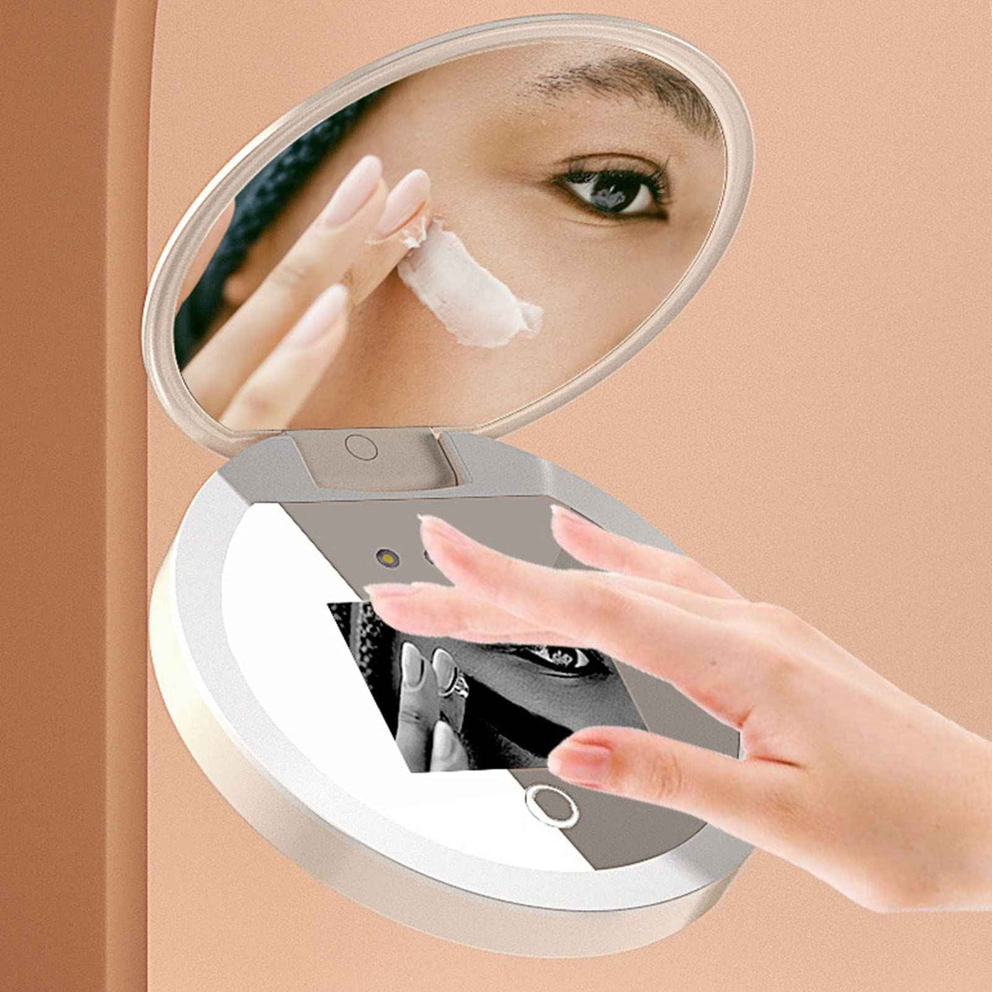 Sanpyl Travel Makeup Mirror with Camera for Sunscreen Test, 2X Magnification HD Screen 97mm 3.5inch, LED Light On Screen Buttons Control Brightness
