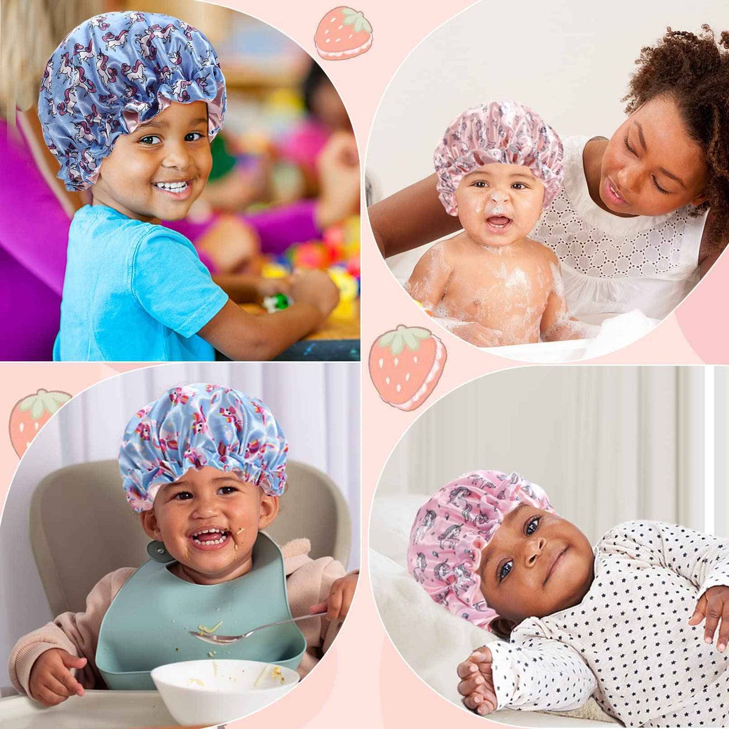 CACASO 4 Pieces Kids Satin Bonnet Sleeping Cap,Adjustable Satin Sleep Cap for Sleeping Hair Bonnet,Double Layer Reversible Sleep Bonnet Soft Night Hats for Natural Hair Toddler Child Baby(A-Unicorn)