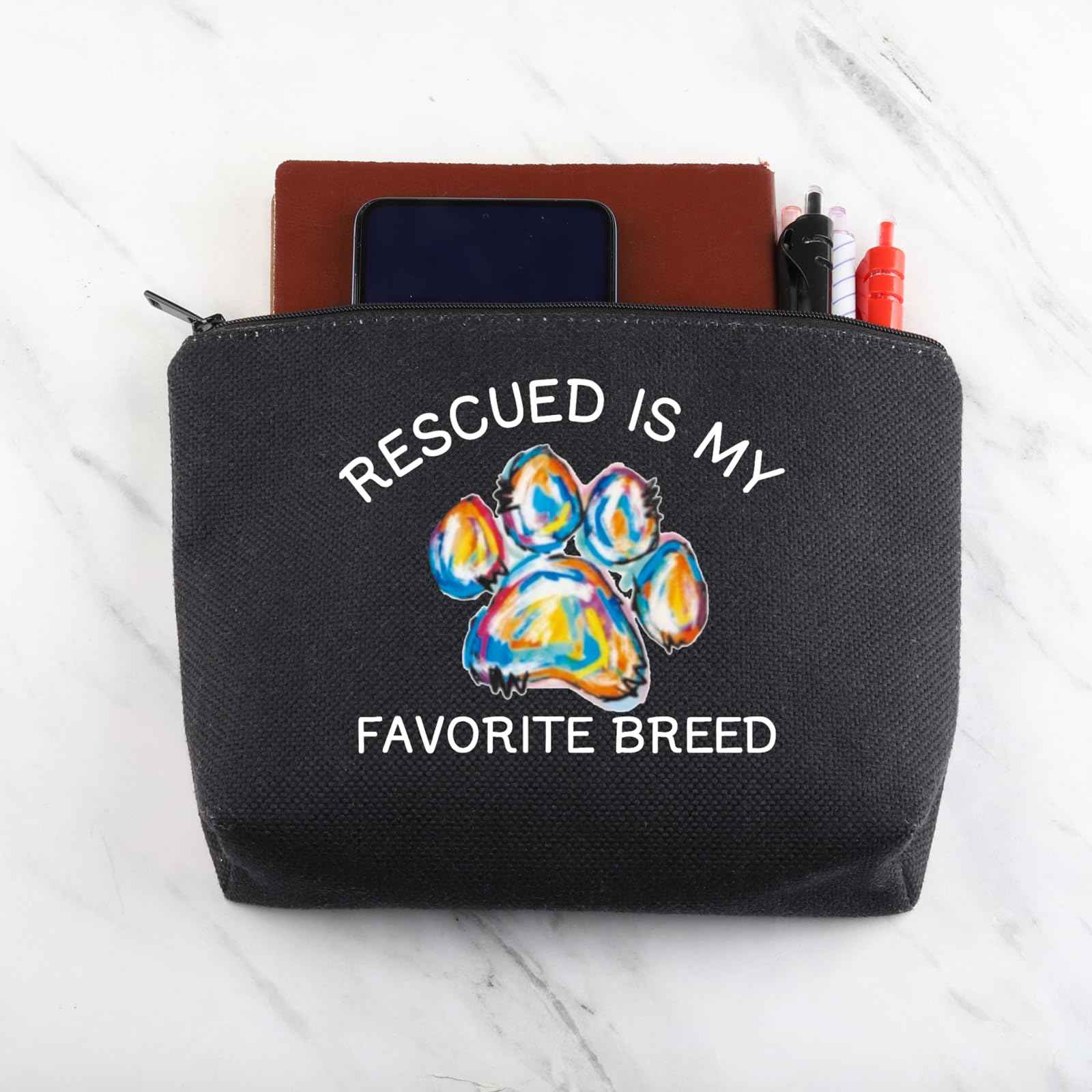 MNIGIU Rescue Dog Lover Gift - Rescued Is My Favorite Breed Makeup Zipper Bag (Black)