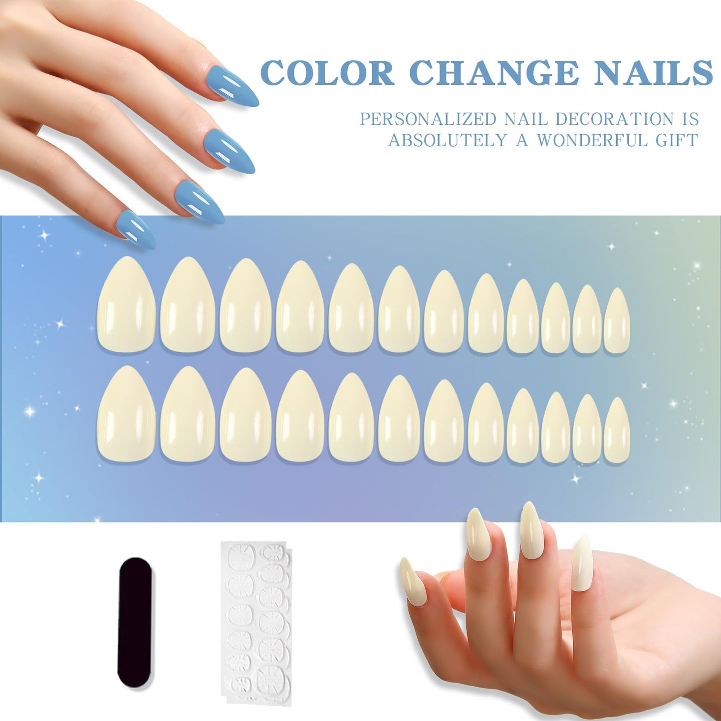 Color Changing Press on Nails Sun Actived Stiletto Tips Beige To Blue With Ultraviolet Light Pure Mood Change Fake Nails 24pcs