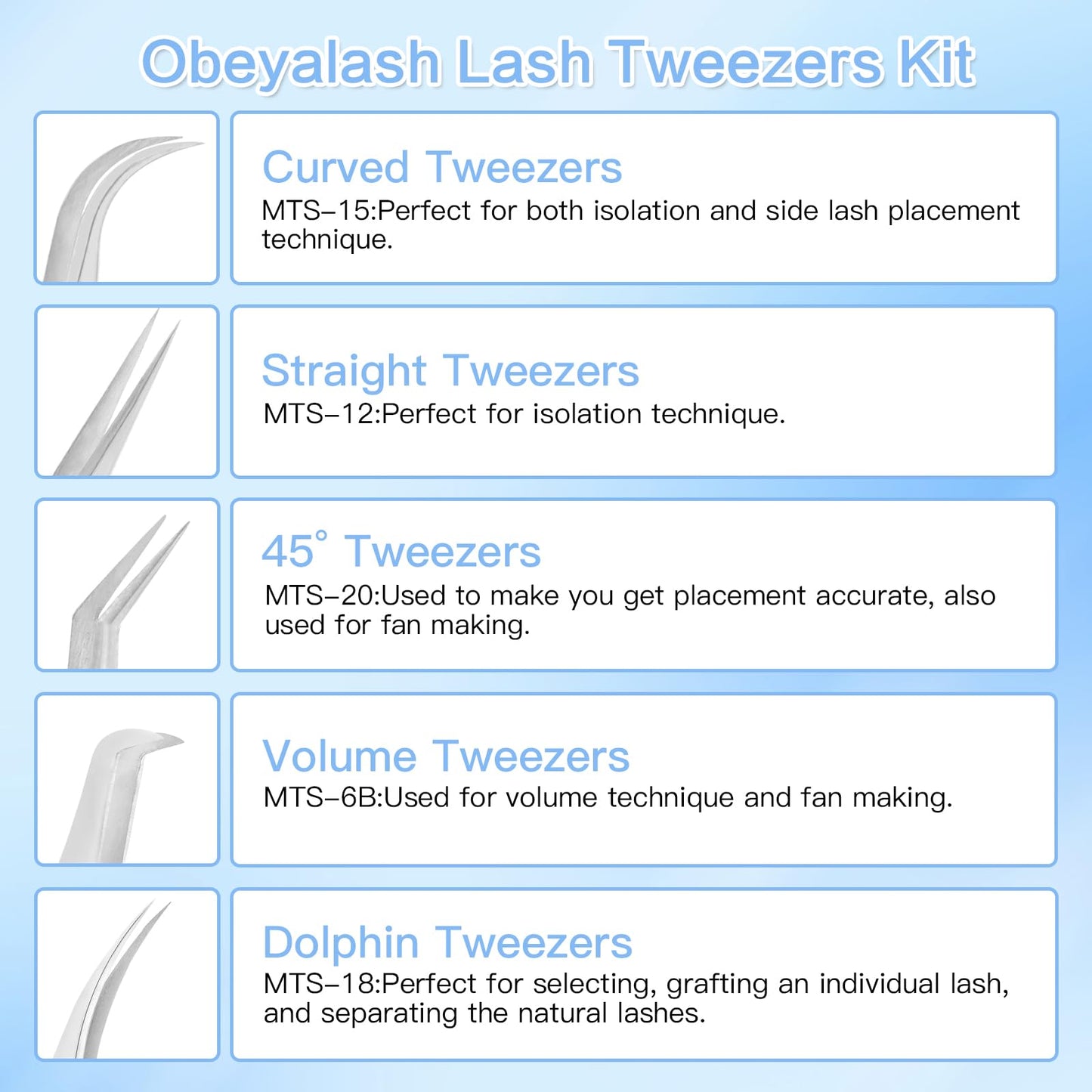 Obeyalash Lash Tweezers for Eyelash Extensions Set of 5, Straight Eyelash Extension Tweezers J Curved Tweezers Eyelash 45 Degree Lash Isolation Tweezers for Individual Volume False Lashes