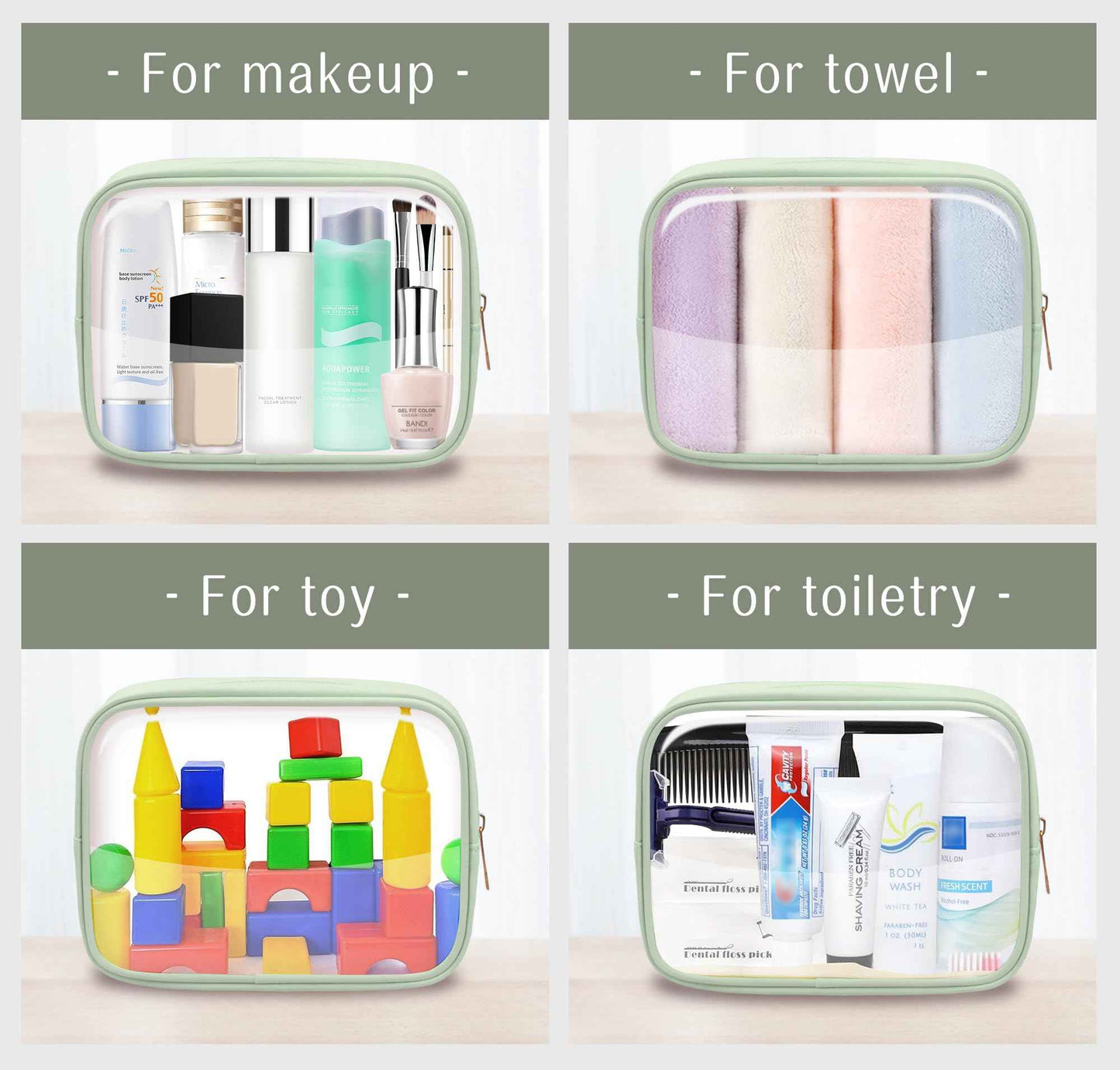 Ebbniur TSA Toiletry Bag Clear Makeup Bag Travel Essentials Cosmetic Bag for Men and Women Green 2Pcs
