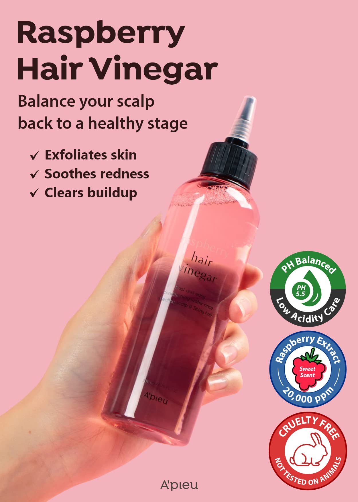 A’PIEU Raspberry Hair Vinegar Rinse 6.76 Fl oz - Scalp Treatment for Balanced pH, Shiny Hair | Clarifies & Encourages Growth | Dandruff & Oil Control