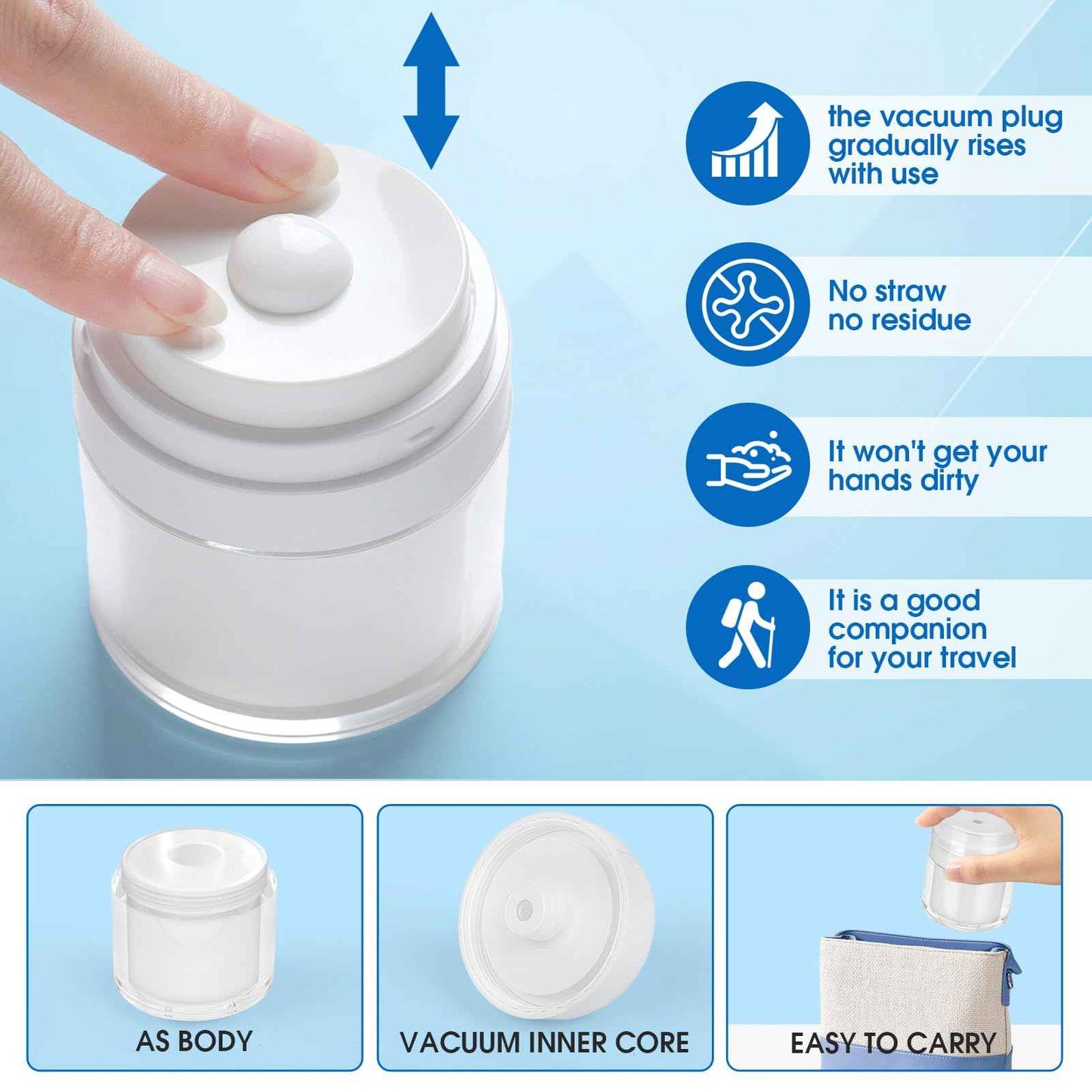 2 Pack Airless Pump Jars, 1/1.7oz Cream & Moisturizer Containers with Airless Pump Dispenser, Travel Size for Toiletries & Foundation