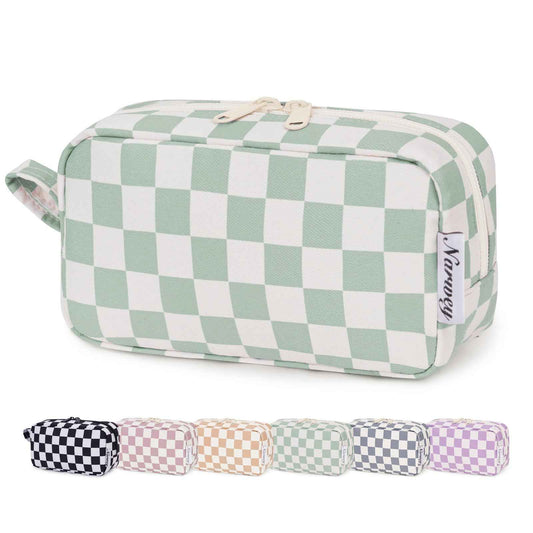 Narwey Small Checkered Makeup Bag for Purse, Gift for Teen Girls, Travel Makeup Pouch Mini Cosmetic Bag Cute Make up Bags Zipper Pouch for Women and Girls (Mint Green Checkerboard, Small)