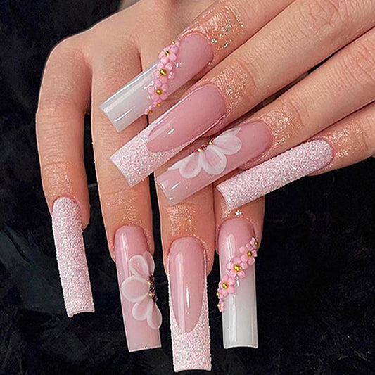 Extra Long Press on Nails Square Pink Glossy Fake Nails with 3D Flower Designs Acrylic Nails Glitter French Tip Stick on Nails White Gradient False Nails for Women and Girls 24 PCS Manicure