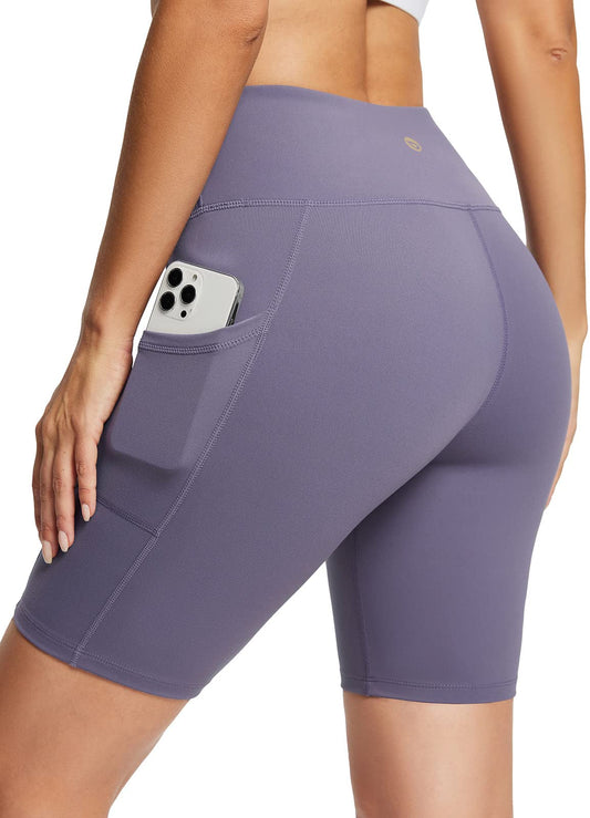 BALEAF Biker Shorts Women Yoga Gym Workout Spandex Running Volleyball Tummy Control Compression Shorts with Pockets Soft 8" Purple L