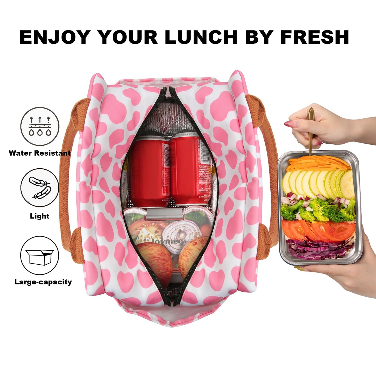 Joymee Lunch Bag Women Insulated Lunch Box Reusable Leakproof Large Spacious Cooler Tote for Womens Mens Adults with Bottle Holder and Side Pockets for Work Office Travel Picnic - Pink Cow