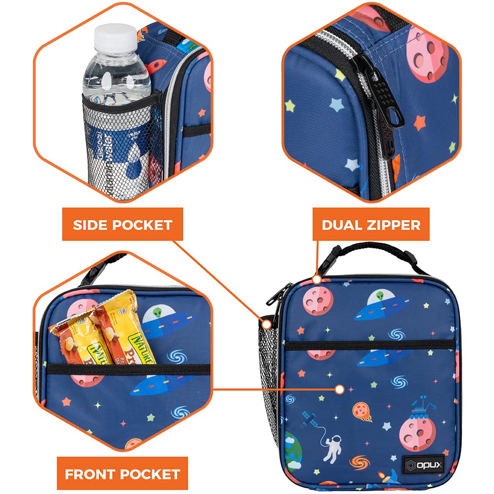 OPUX Premium Insulated Lunch Box, Soft School Lunch Bag for Kids Boys Girls, Leakproof Small Lunch Pail Men Women Work, Reusable Compact Cooler Tote Lunchbox for Office, Space Astronaut