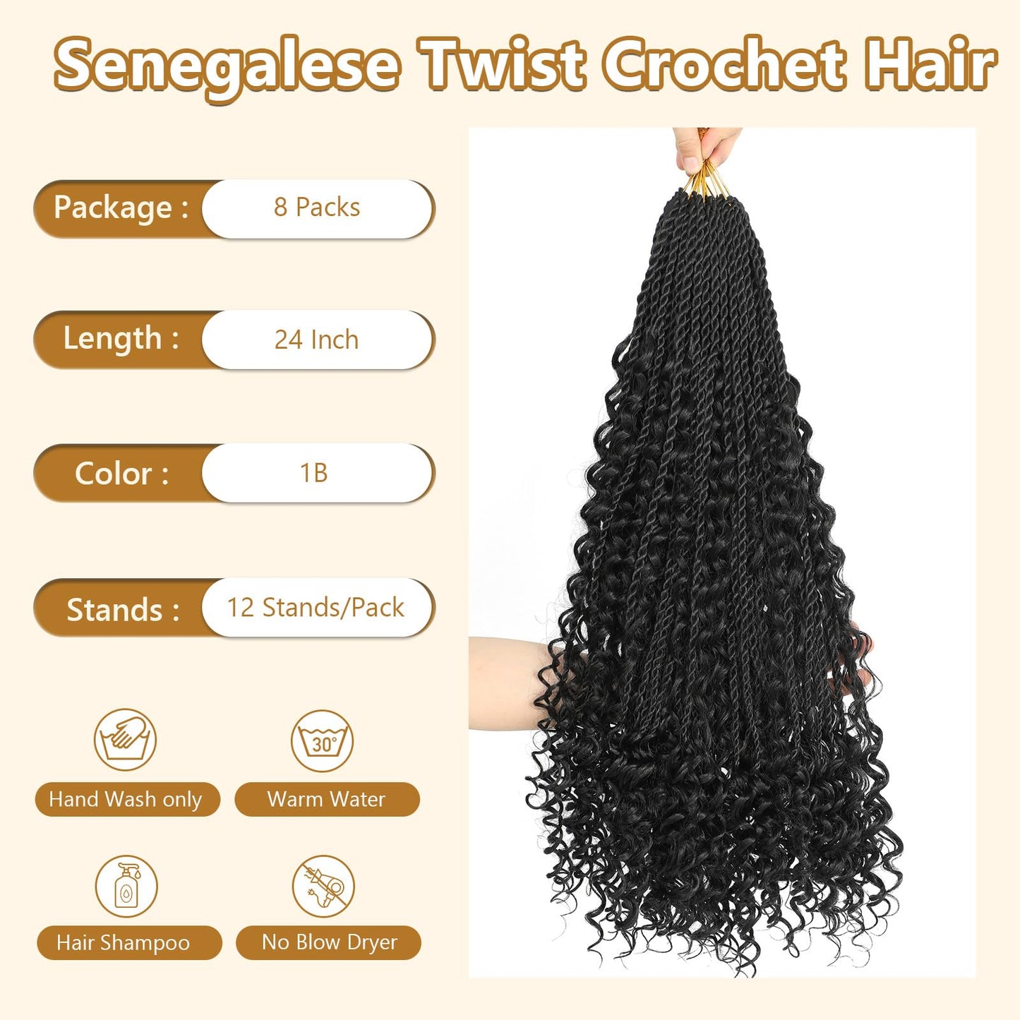 Senegalese Twist Crochet Hair with Curly Ends - 24 Inch Boho Island Twist Crochet Hair 8 Packs Boho Goddess Twist Crochet Hair Pre Looped Crochet Twists with Curly Ends(24(8Packs), 1B)