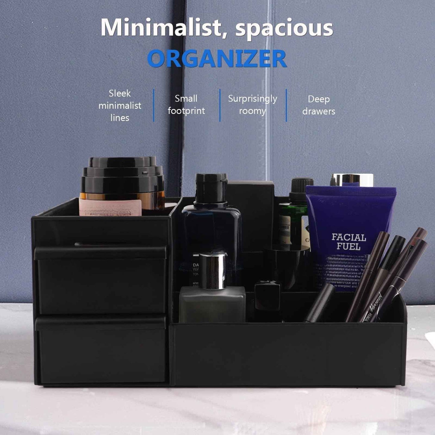 Simbuy Black Cologne Organizer for Men - Large Countertop Organizer with Drawers for Cologne, Perfume, Shaving & Skincare - Bathroom & Vanity Storage, Ideal Gift for Boyfriend, Husband, Dad & Friends