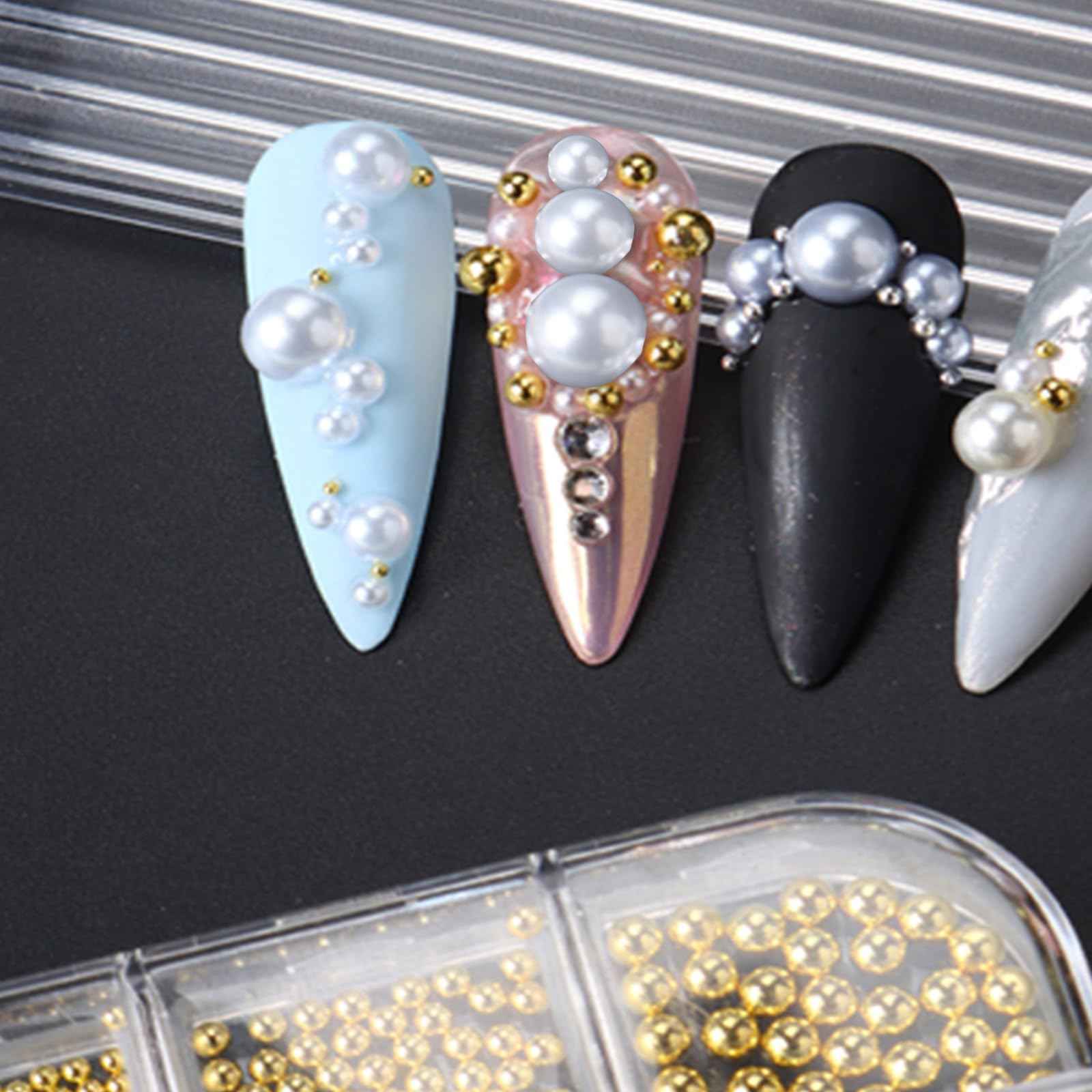 1 Box Gold Caviar Beads for Nails Charms Half Round Pearl Nail Charms Nail Jewels for Nail Art Kit,Small Stainless Steel Bead White Pearl Bead Flat Back Pearls for Crafting Charms for Nails Design