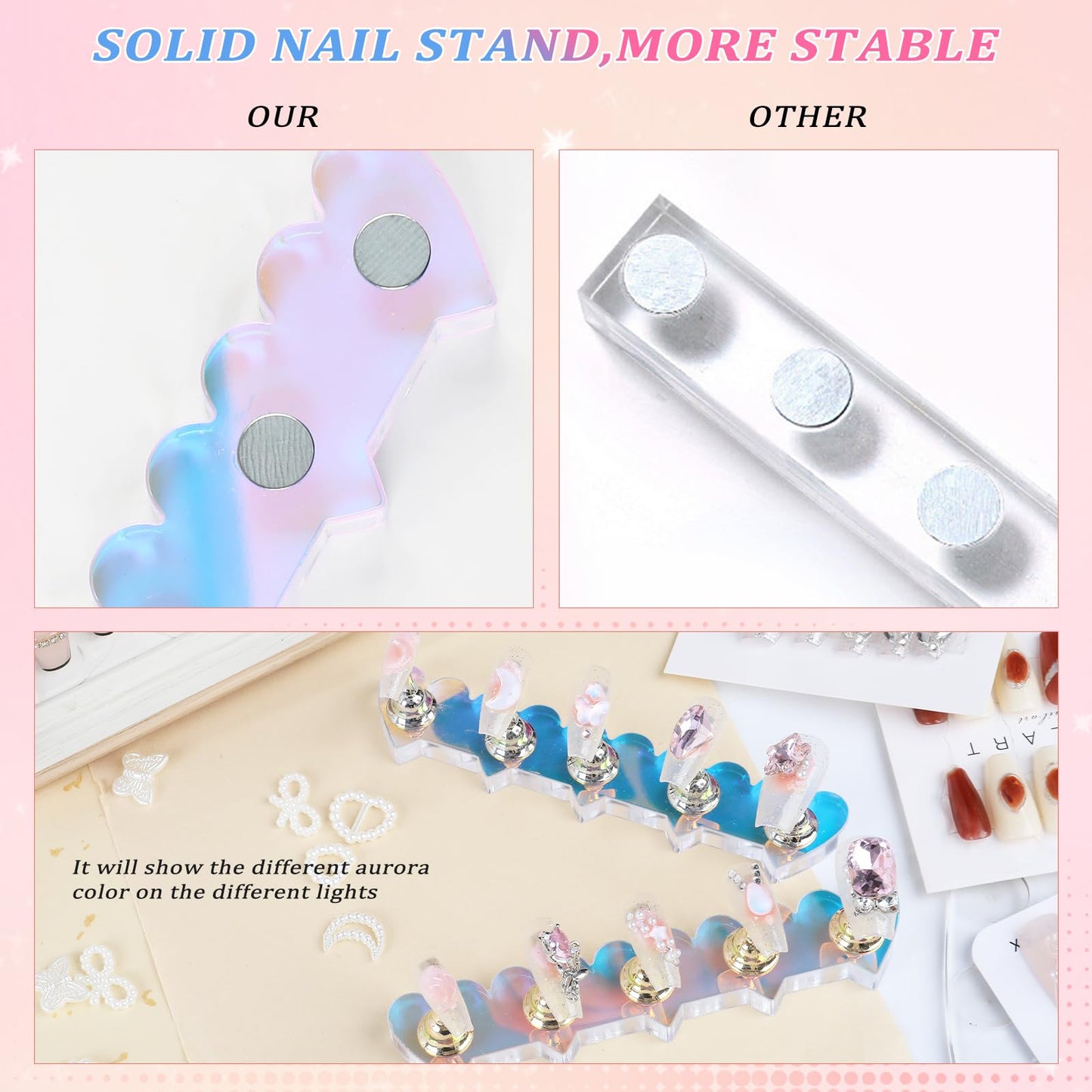 ANGNYA 2 Set Nail Stands for Press On, Heart-shaped Nail Holder for Painting Nails Aurora Nail Stand with Reusable Adhesive Putty Clay Strong Magnetic Nail Display Art Stand for Painting Nails