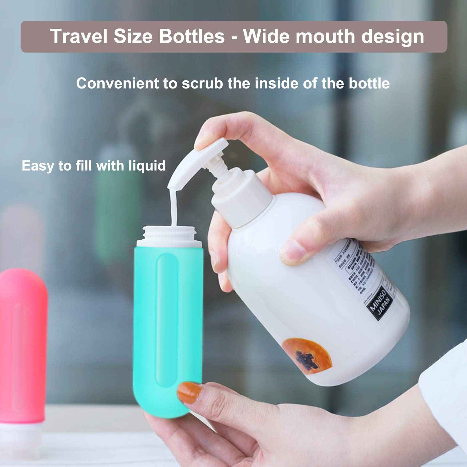 Travel Bottles for toiletries, Tsa Approved 3oz Travel Size Containers BPA Free Leak Proof Refillable Liquid Silicone Squeezable Travel Accessories for Shampoo Conditioner Lotion (4 Bottles + 2 Jars）