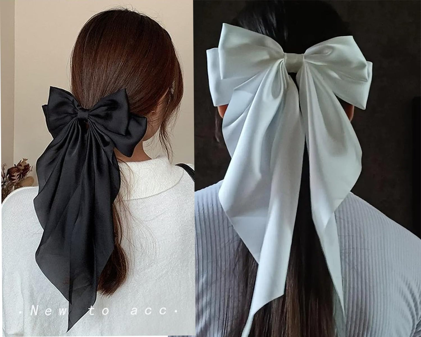 Big Hair Bow Barrettes, Long Tail Hair Bows 2PCS, Large Silky Satin Ribbon Clips for Women, Girls, Premium Metal Hair Bowknot Barrettes, Perfect for Party and Daily Hair Accessories (Black and White)