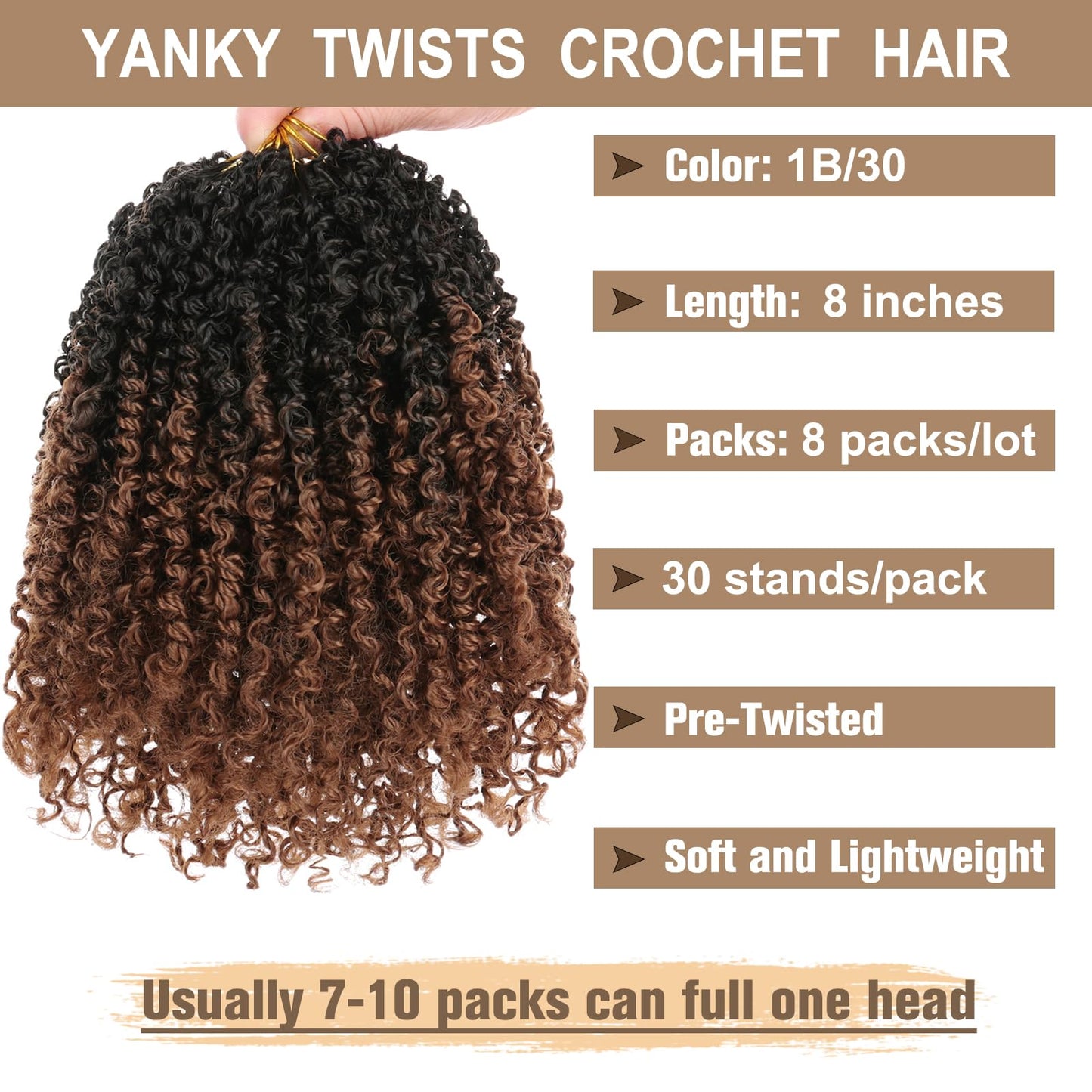 COOKOO 8 Inch Pre-looped Yanky Twists Crochet Braids 8 Pcs Ombre Brown Bohemian Spring Twists Hair Senegalese Twist Crochet Hair with Curls Synthetic Marlybob Crochet Braids Hair Extensions 1B/30#