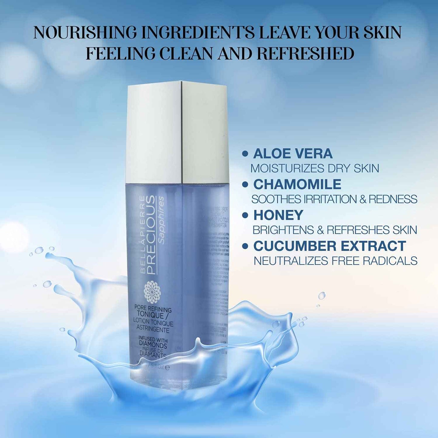 Bellapierre Precious Sapphires Diamond-Infused Pore Refining Tonique | All Natural Toner Gently Removes Makeup & Residue | Chamomile, Honey, & Cucumber Extracts for Soothing Refreshment - 150ml