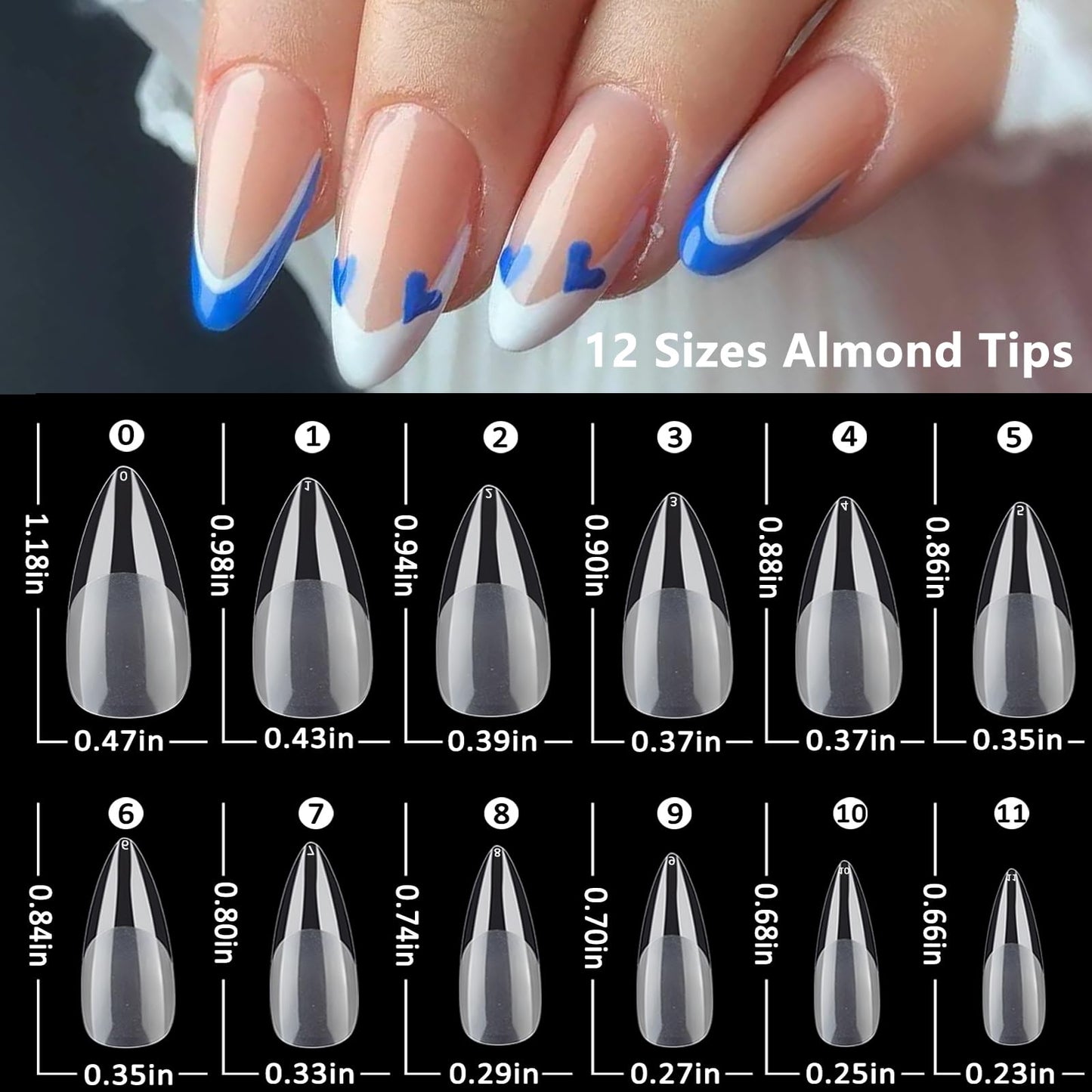 LoveOurHome 600pc Almond Gel X Nail Tips Short Fake Nails Full Cover Short Stiletto Almond False Nail Clear Artificial Nail Fingernail Soft Gel Nail Tips for Acrylic Nail Extesion Press Nail Making