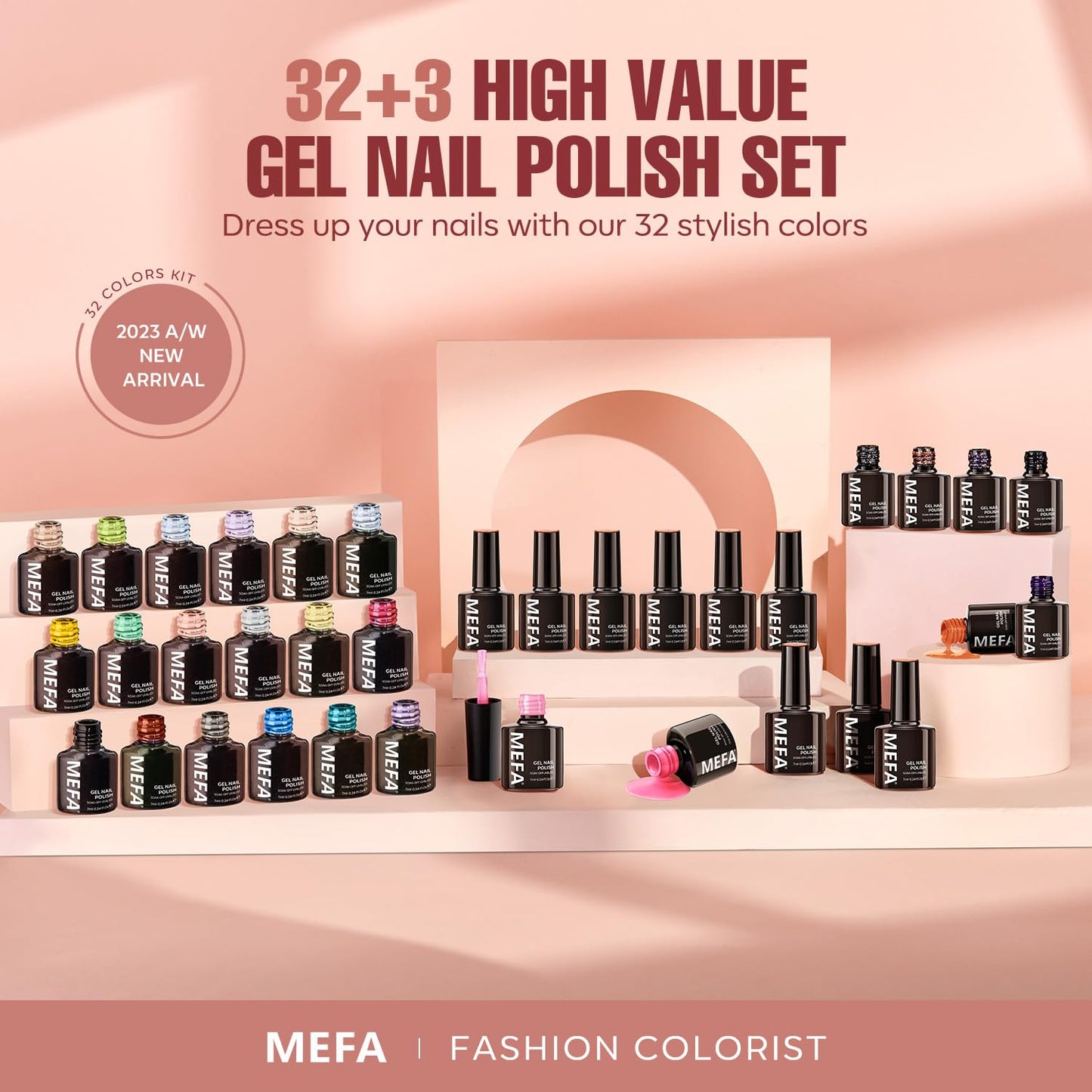 MEFA 35 Pcs Gel Nail Polish Set, 32 Colors All Seasons Collection Gel Nail Polish Kit with Base Coat No Wipe Glossy&Matte Top Coat Blue Red Pink Nail Art Manicure DIY Salon Home Gifts for Women Girls