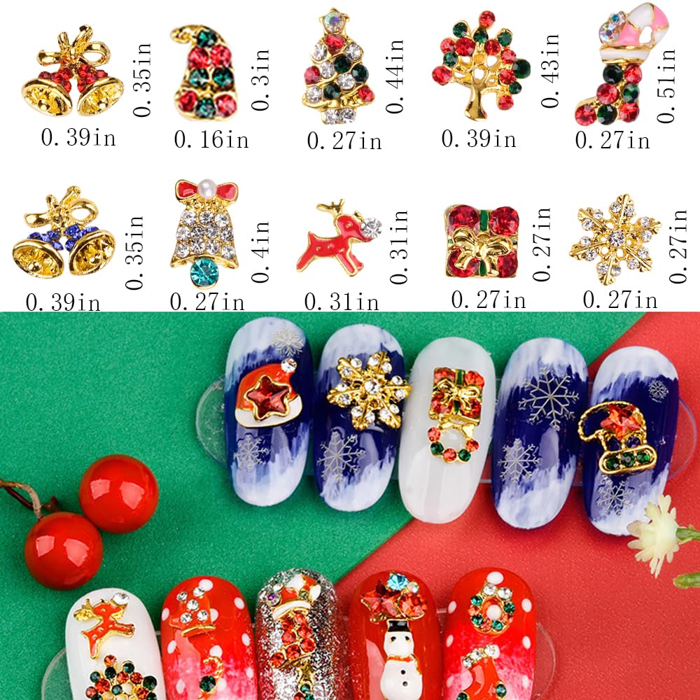 10Pcs Christmas Nail Charms Glitter 3D Crystals Diamonds Rhinestones Metal Alloy Christmas Snowflakes Small Bell Nail Art Charms Gems Design for Women Nail Art Decoration Supplies Craft Jewelry DIY