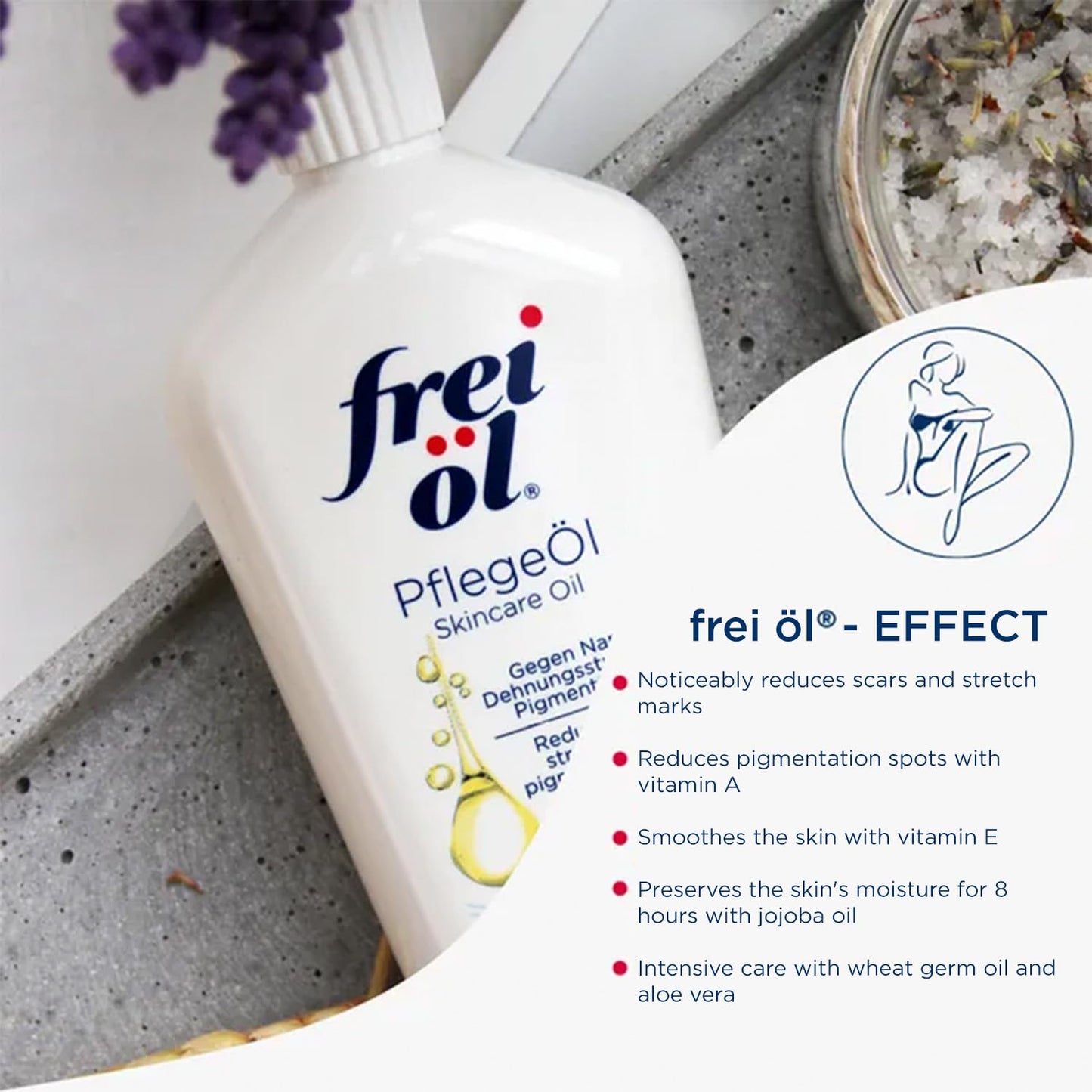 frei öl skincare oil – fast absorbing, softens and smooths – against scars, stretch marks and pigment spots with vitamin A & vitamin E oil, microbiome-friendly and vegan, 200 ml / 6.76 Fl Oz