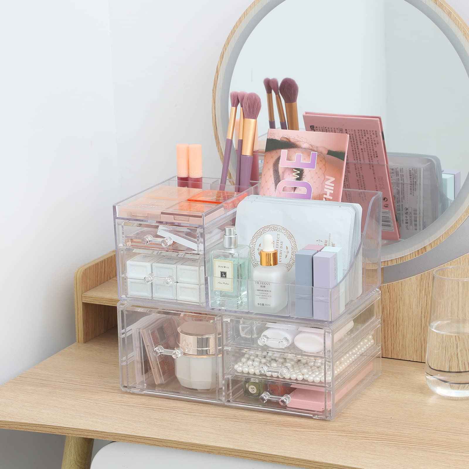 Cq acrylic 2 Pack Clear Makeup Storage Organizer,Stackable 6 Drawers Make Up Organizers,Cute Desk Organizer for Vanity Jewelry,Hair Clip,Beauty,Skincare Product Bathroom Counter Organizers and Storage