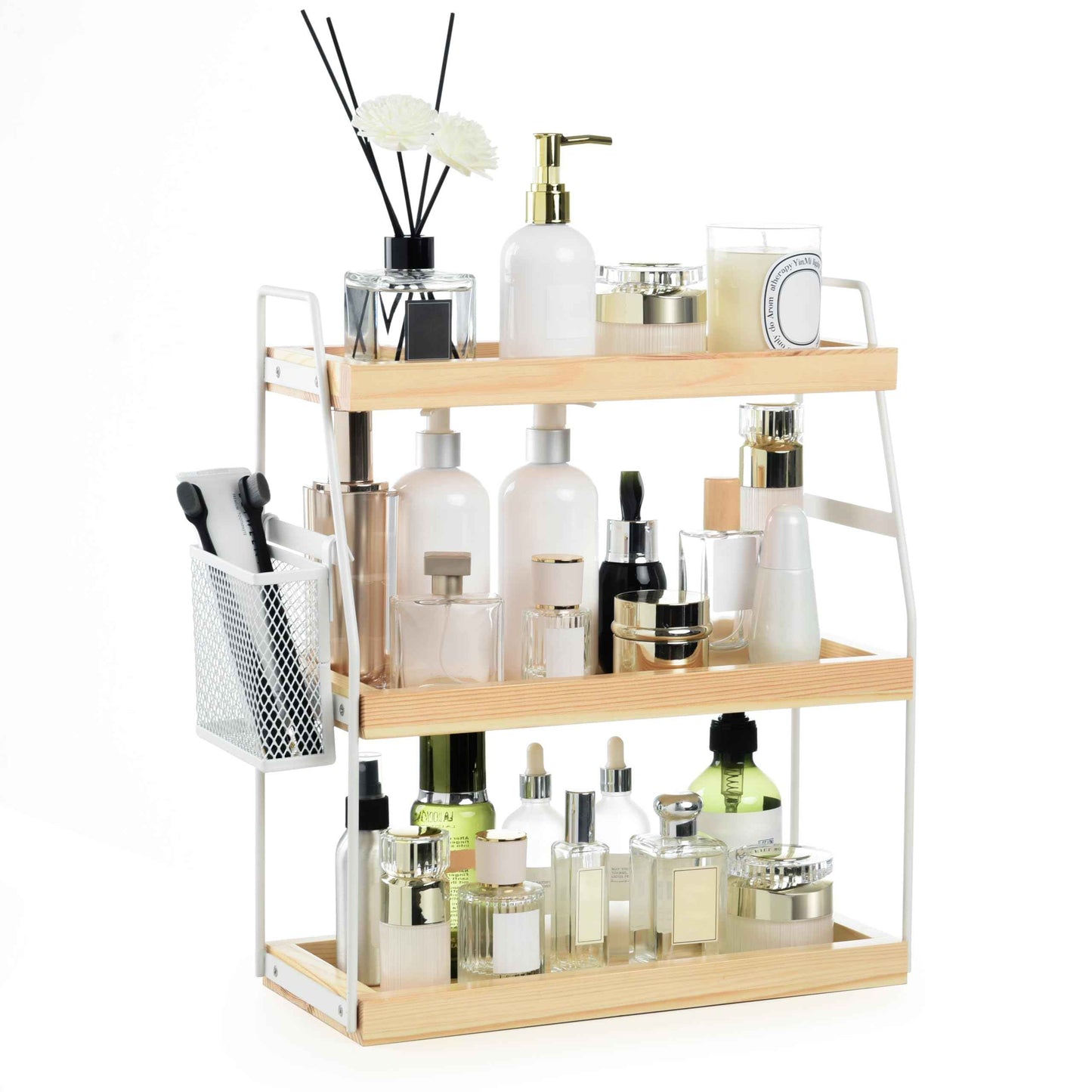 Bathroom Counter Organizer, 3-Tier Standing Storage Shelf with Basket, Wood Tray for Skincare Vanity Organizer(White)