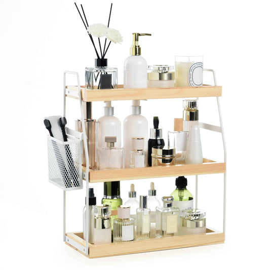 Bathroom Counter Organizer, 3-Tier Standing Storage Shelf with Basket, Wood Tray for Skincare Vanity Organizer(White)