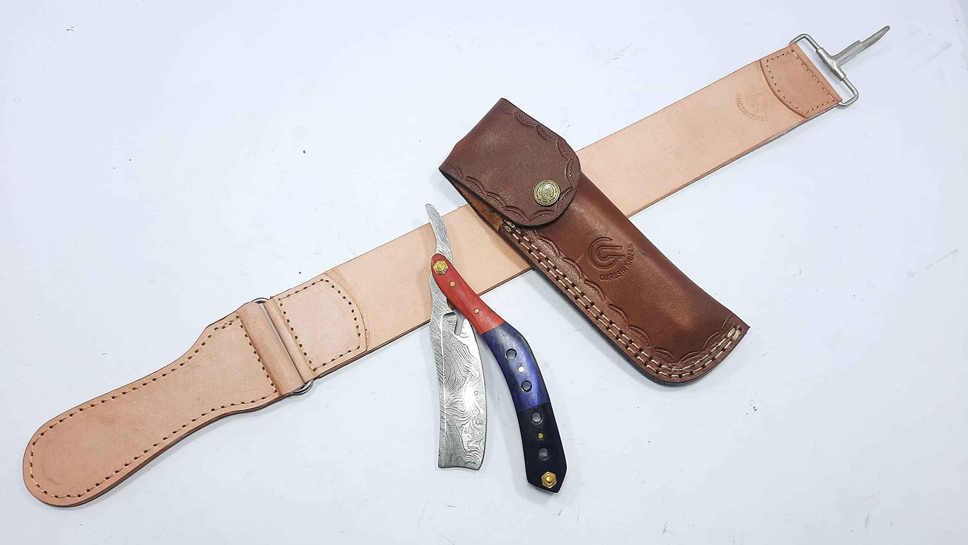 Qureshi Knifes Damascus Steel Straight Razor fixed Blade Color Wood, Buffalo Horn Handle with Leather Sheath Belt Loop. STR-24004