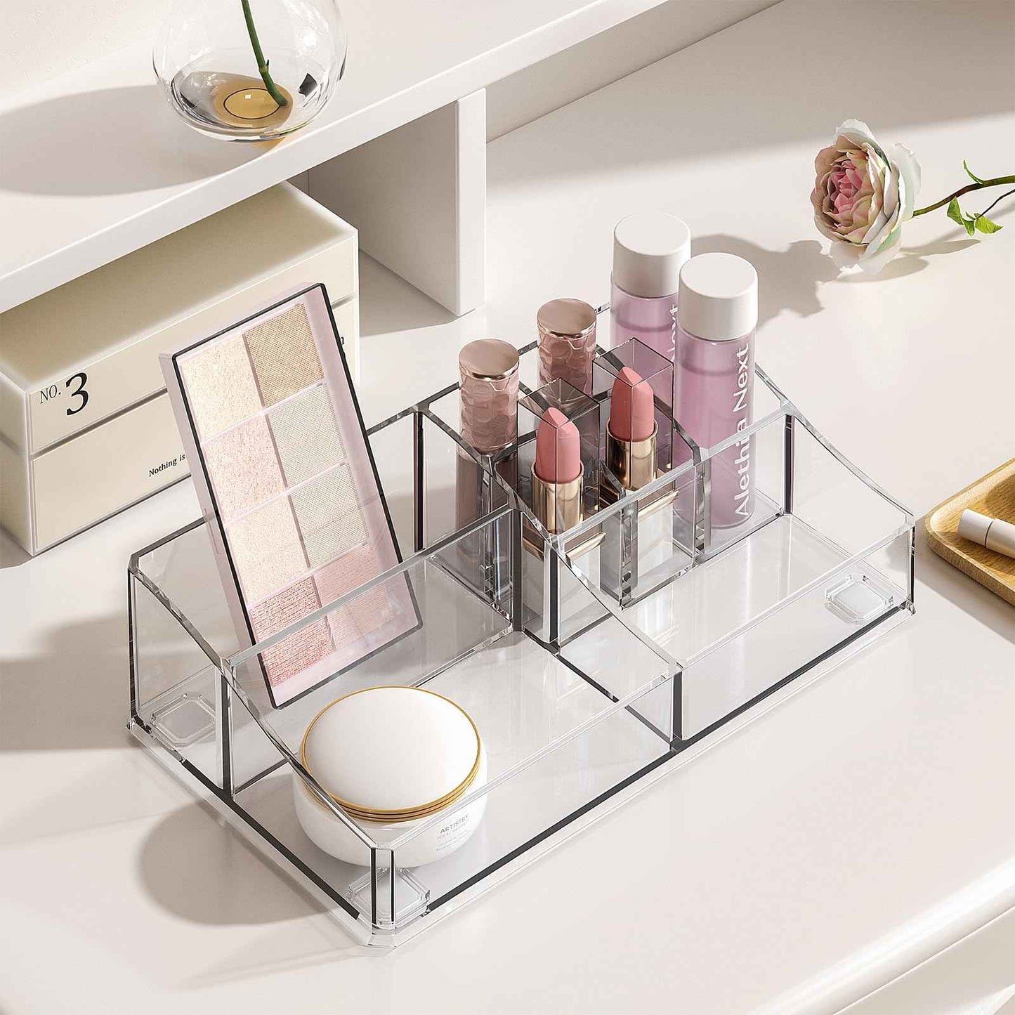 Delamu 3-Tier Clear Makeup Organizer with Drawer, Acrylic Cosmetic Display Case for Makeup Vanity Bathroom Counter Organizers and Storage, Stackable Vanity Organizer for Brushes Lipsticks Skincare