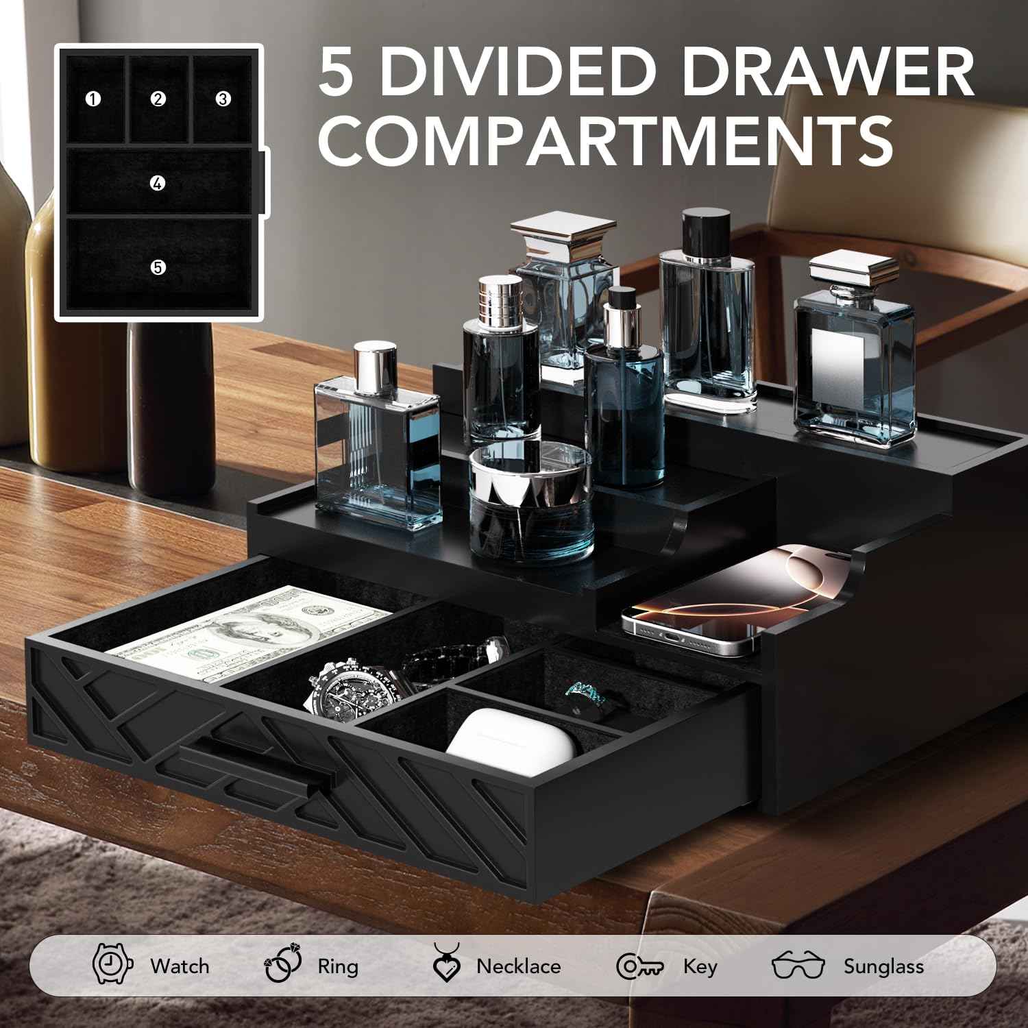 Cologne Organizer for Men, 3 Tier Perfume Stand With Drawer Hidden Compartment and Lining, Wood Display Holder for Watch Jewelry, Black, Great Gifts for Christmas