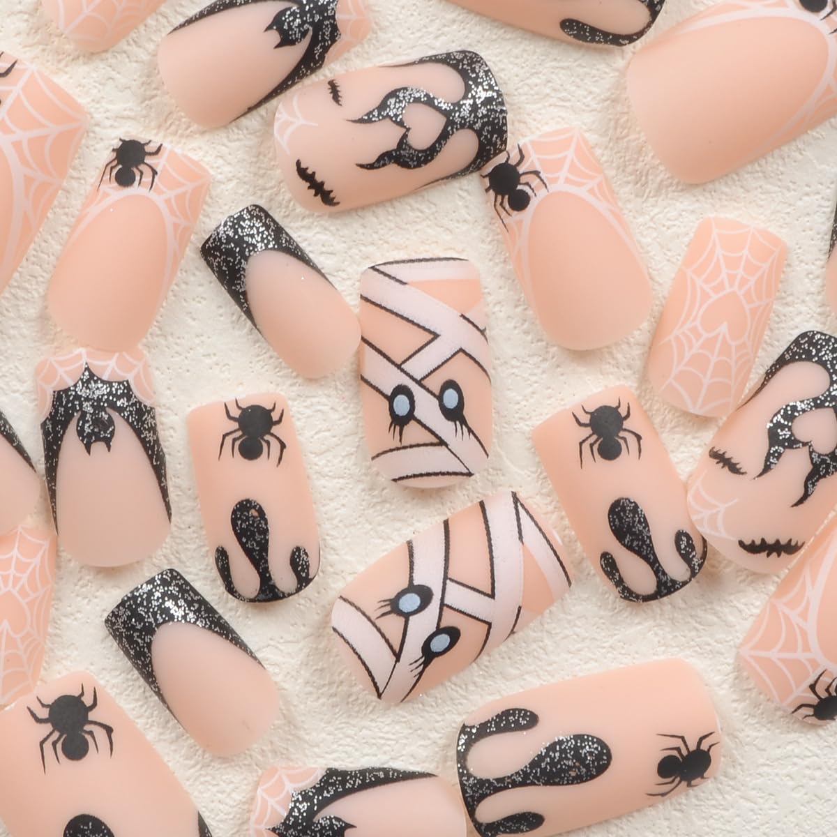 Halloween Long Press on Nails French Tip Fake Nails Full Cover Nude Pink Artificial on Nails Spider and Spider Web Bat Nail Design Acrylic False Nails Holiday Nails for Women DIY Nails 24Pcs