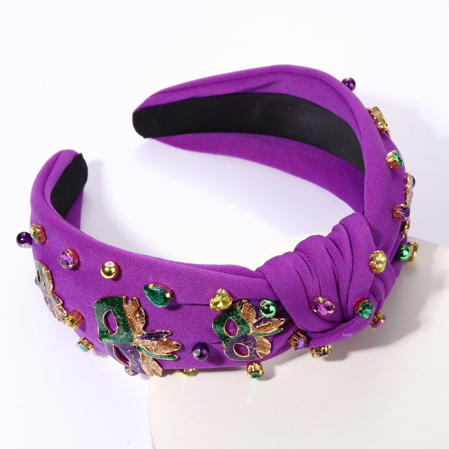 GLBCC Mardi Gras Headband for Women Mardi Gras Masks Knotted Headband Accessories Purple Rhinestone Beads Jeweled Wide Hairband Carnival Parade Outfit Decorations (Mask Mardi Gras hairband purple)