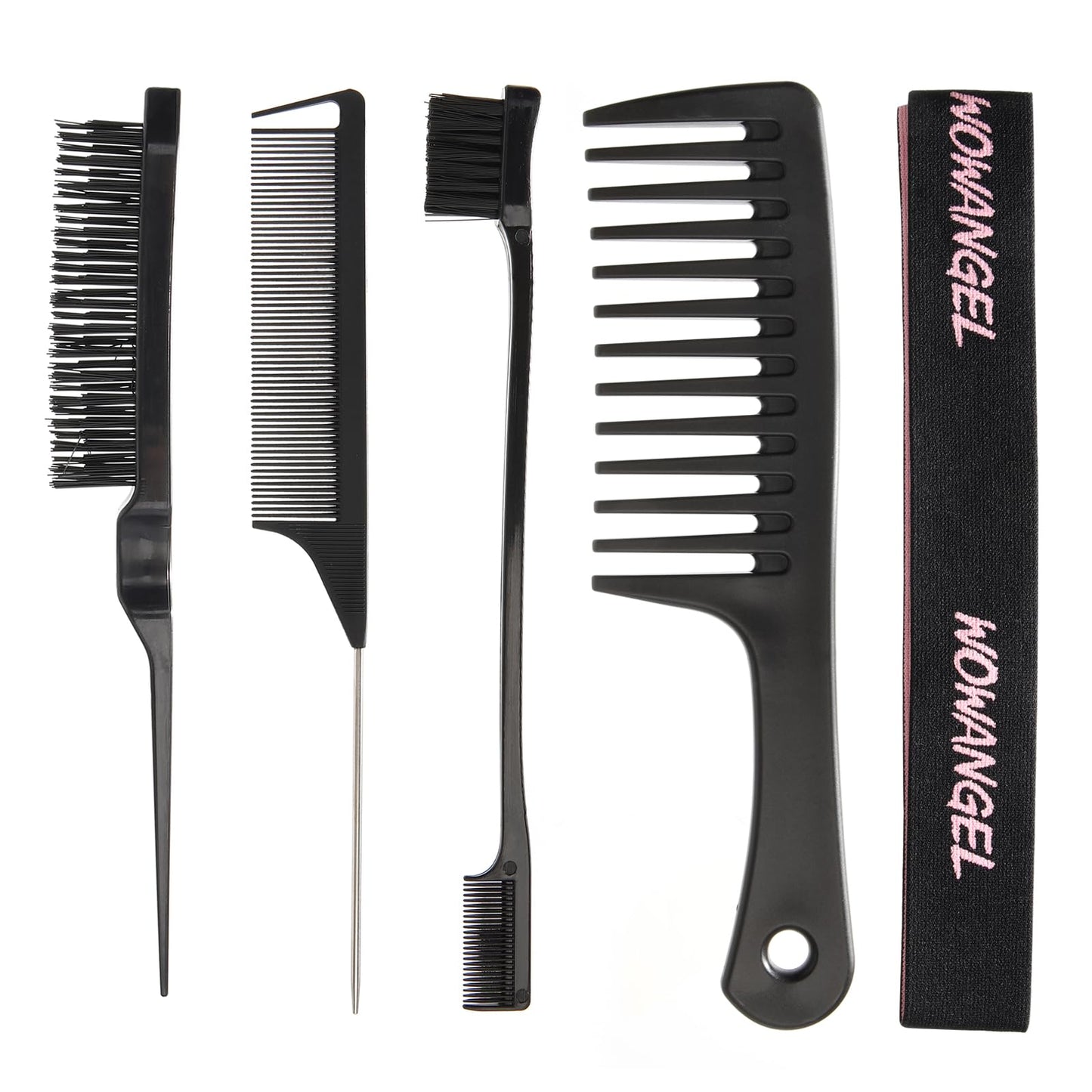 WOWANGEL 7PCS Hair Styling Brush Set with Edge Brush, Bristle Hair Brush, Rat Tail Comb, Wide Tooth Comb, Elastic Band, SKINLIKE Real HD Cap, Hair Comb Set for Slick Baby Hair, and Flyaways Black