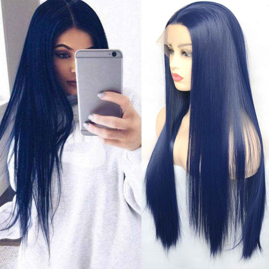 BLUPLE Dark Blue Lace Front Wigs Straight Trendy Heat Resistant Synthetic Hair Half Hand Tied Wigs for Cosplay Daily Wear (22 inches, Straight,Dark Blue)