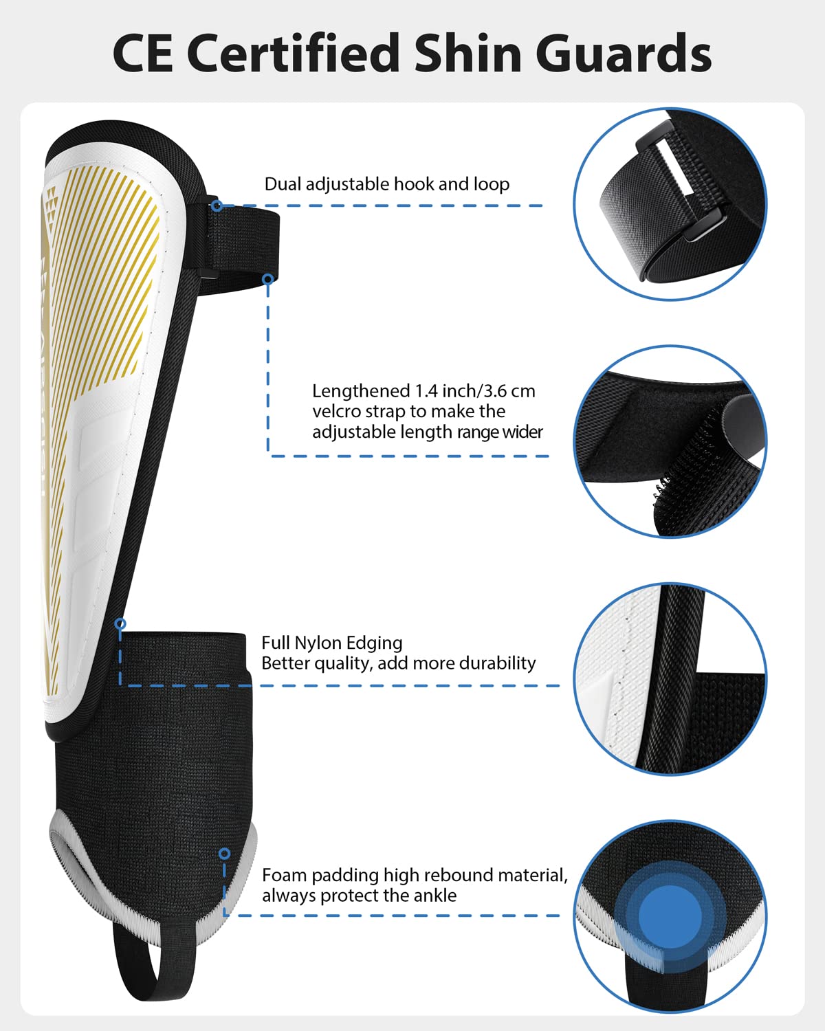 Upgraded Soccer Shin Guards for Kids Youth Adults, CE Certified AirsFish Shin Guard Sleeves Protection Gear for Boys Girls Soccer Games EVA Cushion Reduce Shocks and Injuries (X-Small, White+Gold)