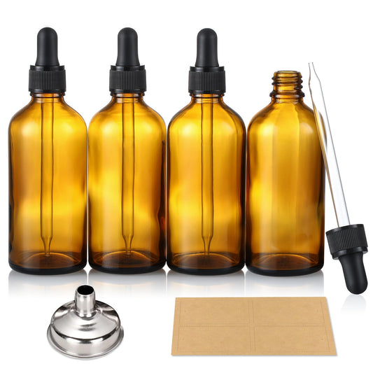 AOZITA 4 Pack, 4oz Amber Glass Dropper Bottles with 1 Funnel & 4 Lables - 120ml Dark Brown Tincture Bottles with Eye Droppers - Leakproof Travel Bottles For Essential Oils, Liquids