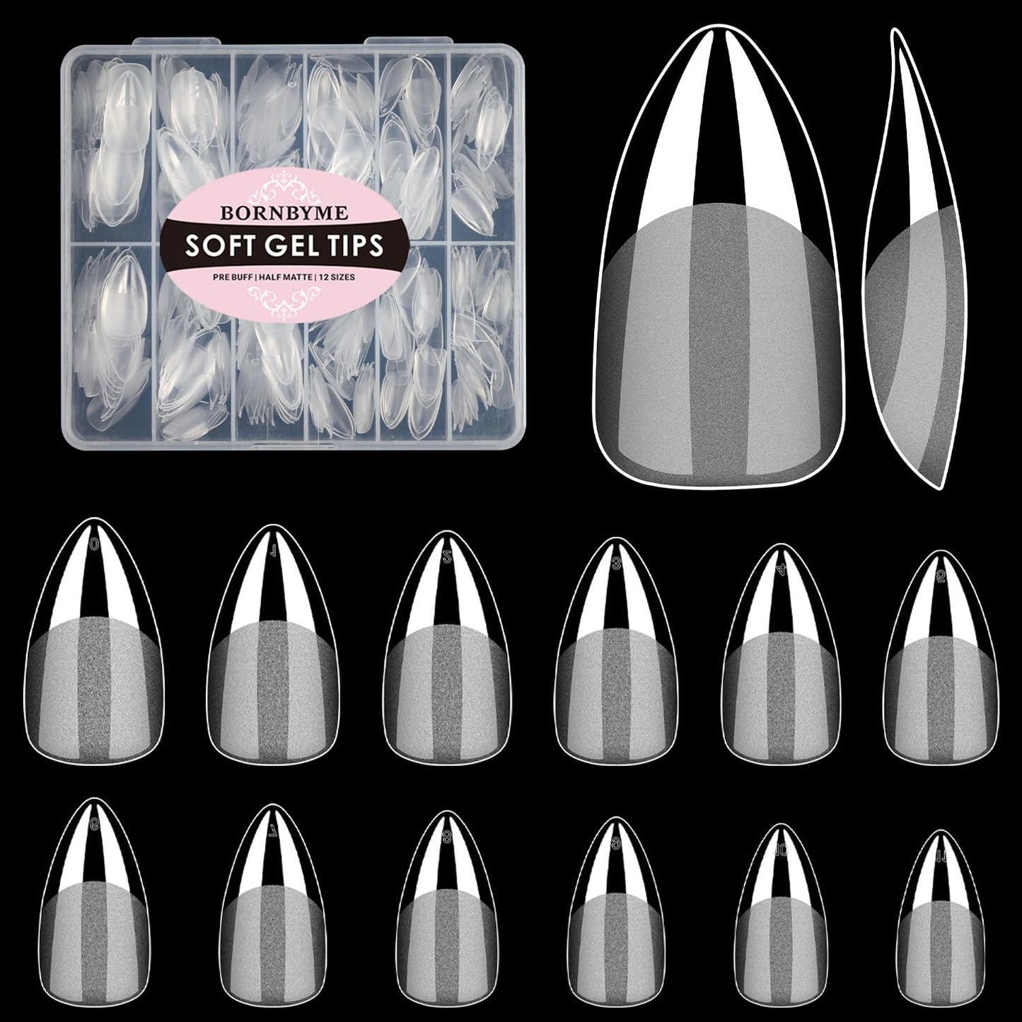 Short Almond Soft Gel Nail Tips, BORNBYME 240 PCS Pre Buff Full Cover Nail Extenison Tips Half Matte Gel X Nail Tips