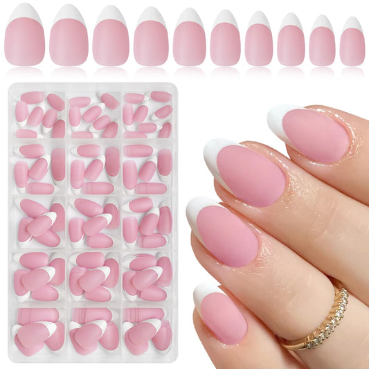 AddFavor French Tip Press on Nails Short Almond Fake Nails, 240pcs White French Nails Press on Almond Matte Pale Pink Acrylic Nails with Adhesive Tabs for Women