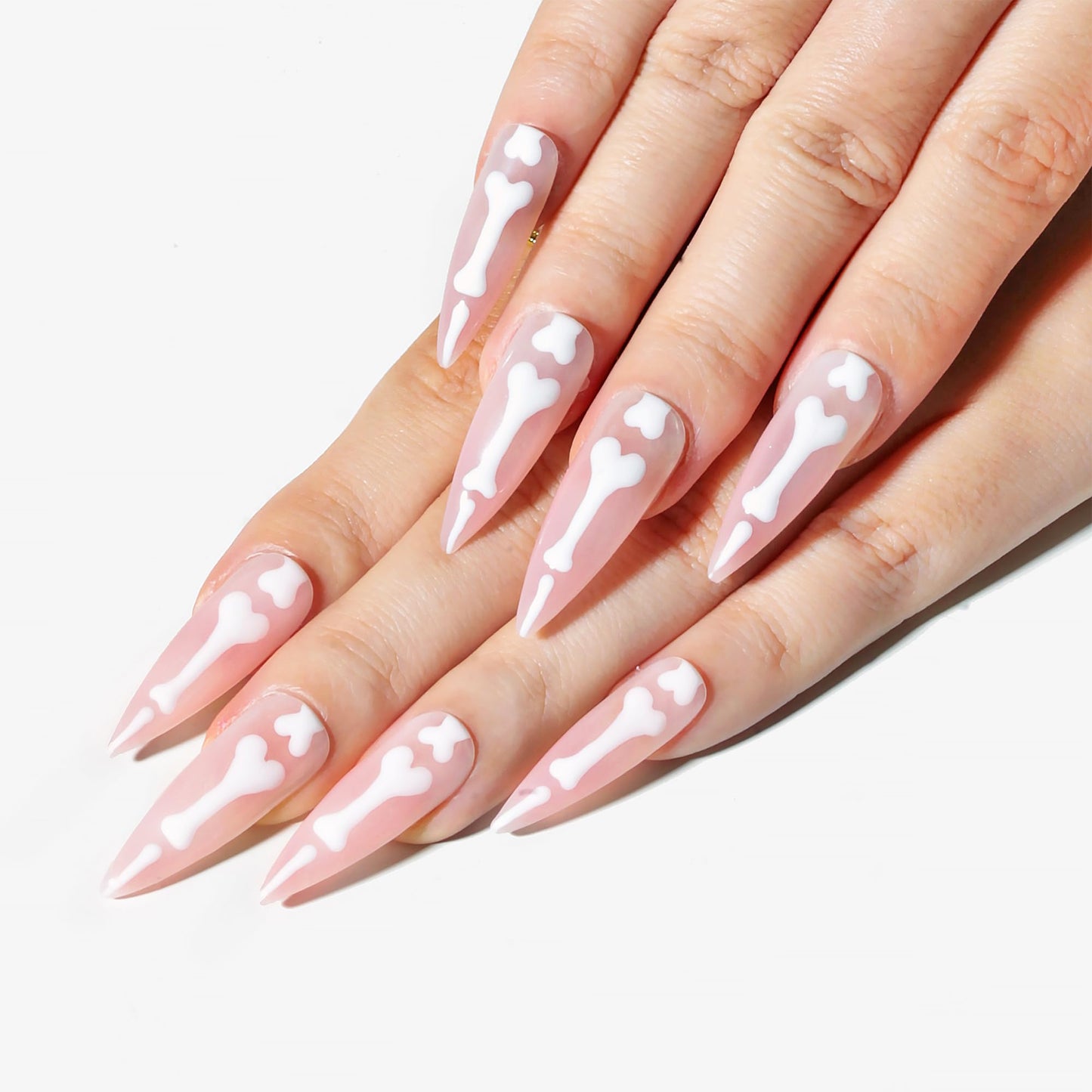 Sun&Beam Nails Handmade Press-on Long Almond Stiletto Pink White Halloween Glow In Dark Skeleton Finger Design False Nail Tips 10 Pcs (#127 S)