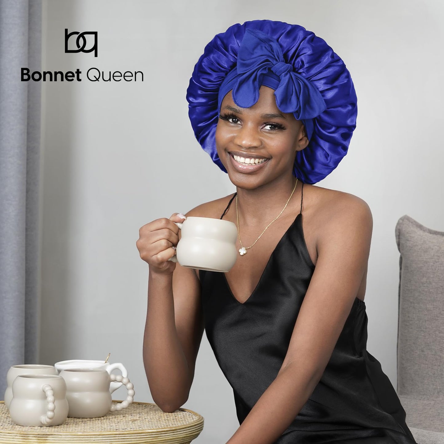 BONNET QUEEN Silk Bonnet for Sleeping Women Satin Bonnet Hair Bonnet Night Sleep Cap for Curly Hair with tie Band Navy Blue