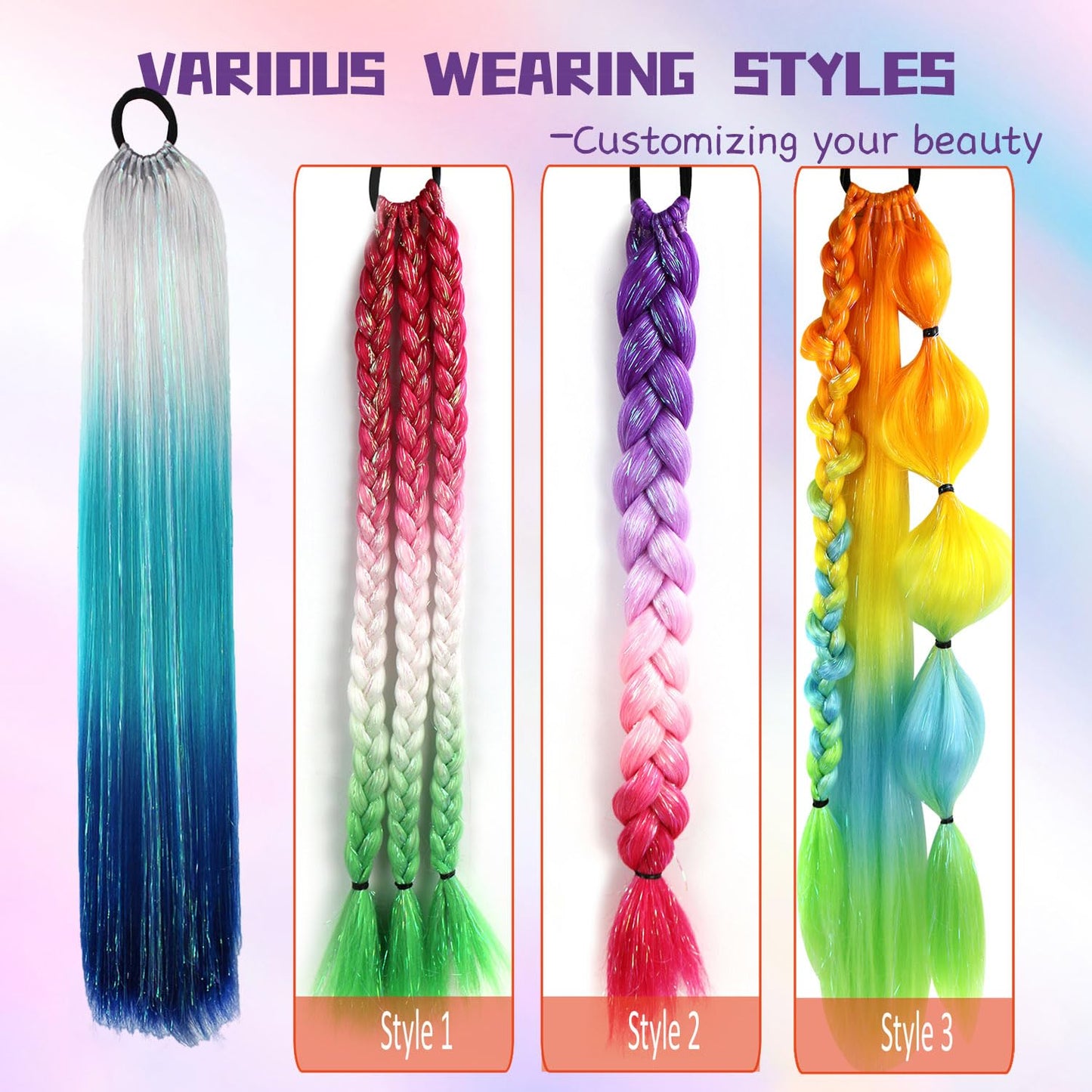 Accrue Colored Hair Extensions for Kids, 26 inch Ponytail Extension With Hair Tie, Ombre Braid Ponytail with Tinsel for Braids Rainbow Festival Party Rave Crazy Hair Day(26" Blue/Pink/Purple#3-2)