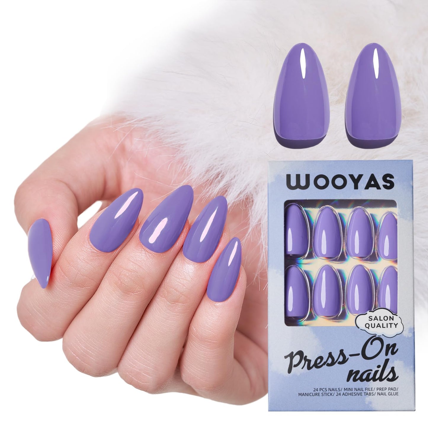 Wooyas Press on Nails Almond，Reusable Handmade Gel Fake Nails Medium Glossy ，Lightweight Natural Fake Nail in 12 Sizes - 24 Pcs Soft Gel Glue On Nails Kit，Lavender Purple Color