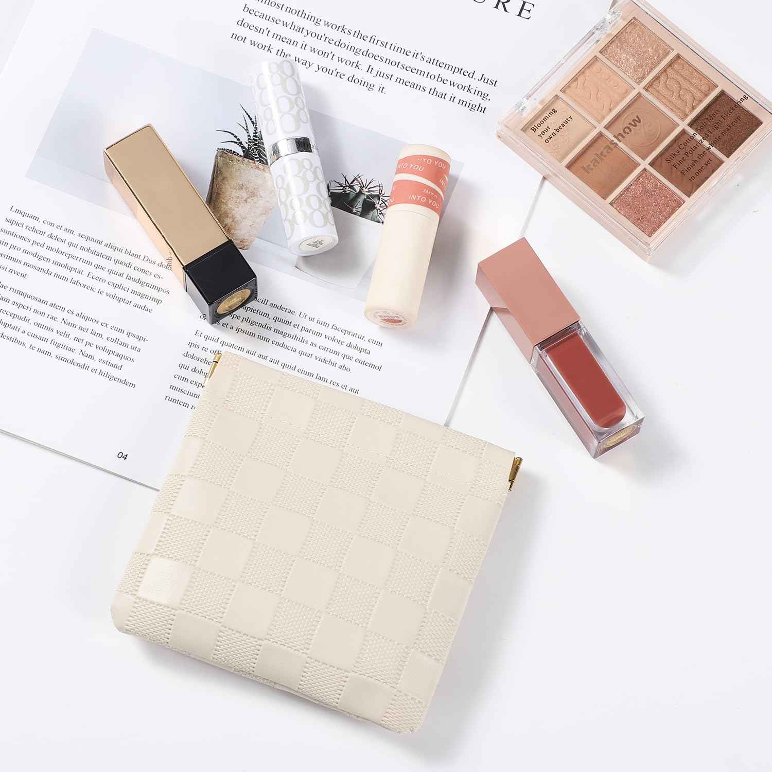 Sightor 2PCS Small Makeup Bag for Purse, Mini Cosmetic Bag Waterproof Pouch for Women, Checkered Purse Self-closing Small Travel Kit Coin Lipstick Cosmetic Storage Bag (Black, Beige)