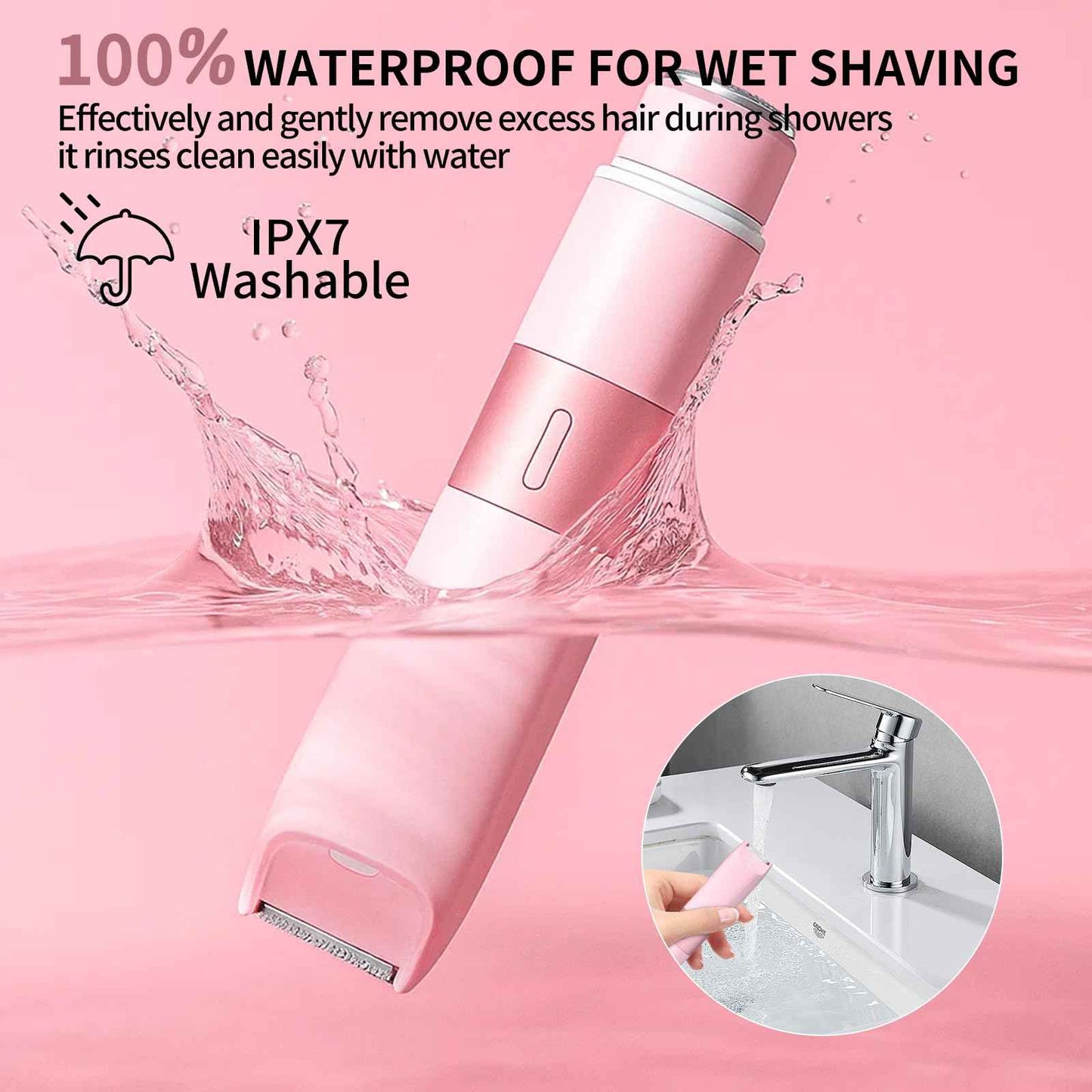 Bikini Trimmer for Women - 2 in 1 Painless Electric Razors for Women, IPX7 Waterproof Rechargeable LED Dual Head Electric Shaver for Lady Bikini Underarm, Body, Leg, Face Hair Remove - Pink