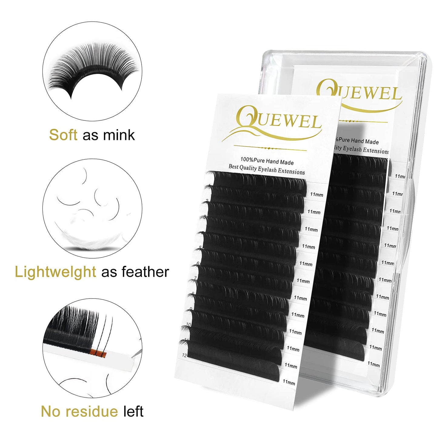 QUEWEL Eyelash Extension Supplies 0.07 D Curl 11mm Classic Individual Lash Extensions|Optinal 0.03/0.05/0.07/0.10/0.15/0.20 C/D Single 8-25mm Mix 8-14mm 15-20mm 20-25mm|(0.07 D 11mm)