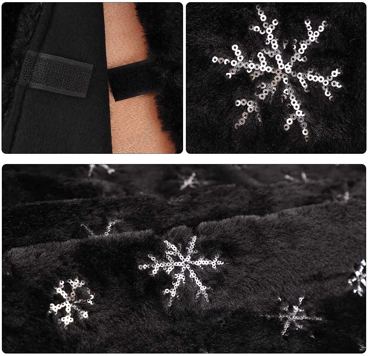 Ivarunner Black Tree Skirt, Large Faux Fur Christmas Tree Skirt 48 Inch, Xmas Tree Rug with Silver Sequin Snowflakes for Christmas Tree Decorations Ornaments