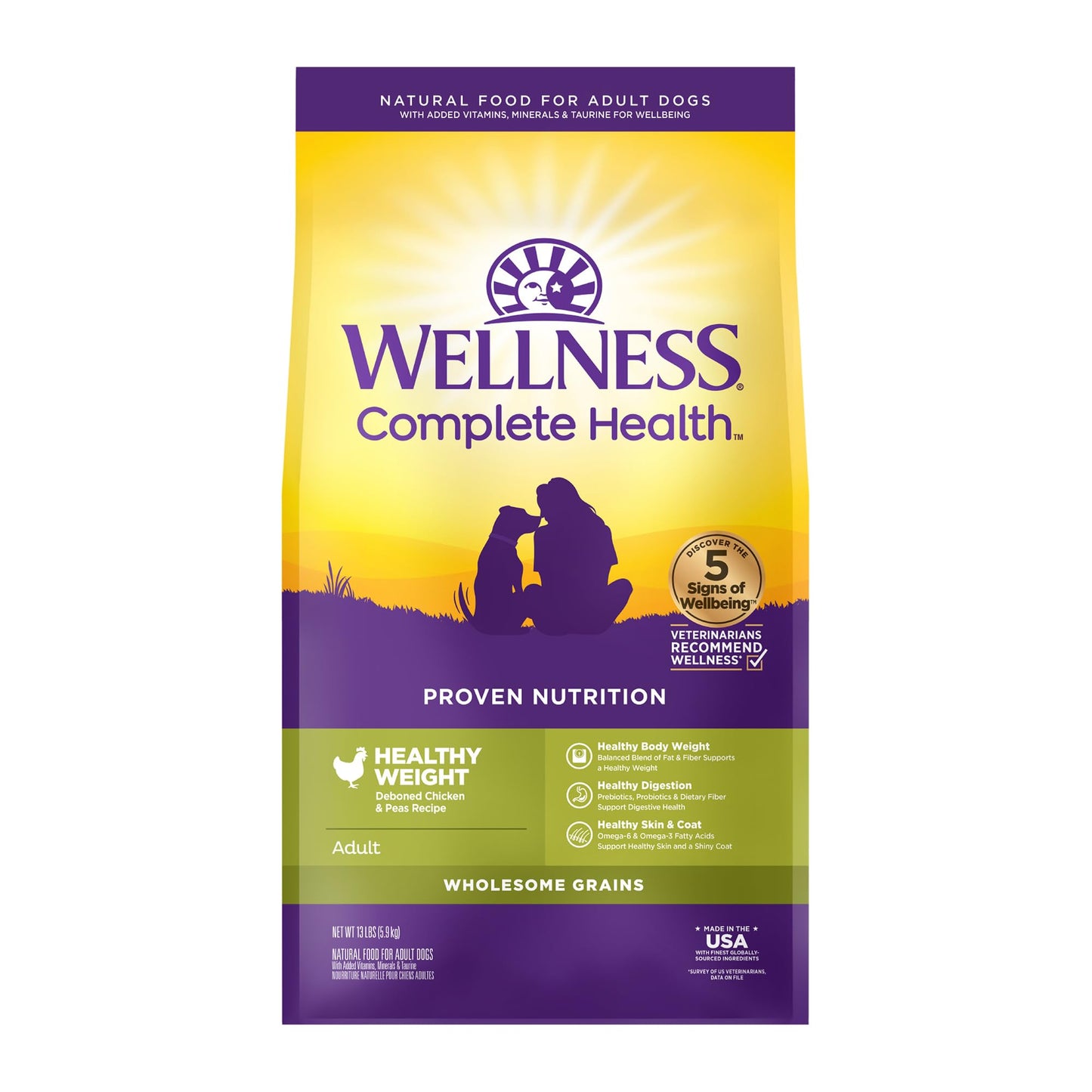 Wellness Complete Health Dry Dog Food with Grains, Natural Ingredients, Made in USA with Real Meat, All Breeds, For Adult Dogs (Healthy Weight - Chicken & Potatoes, 13-Pound Bag)