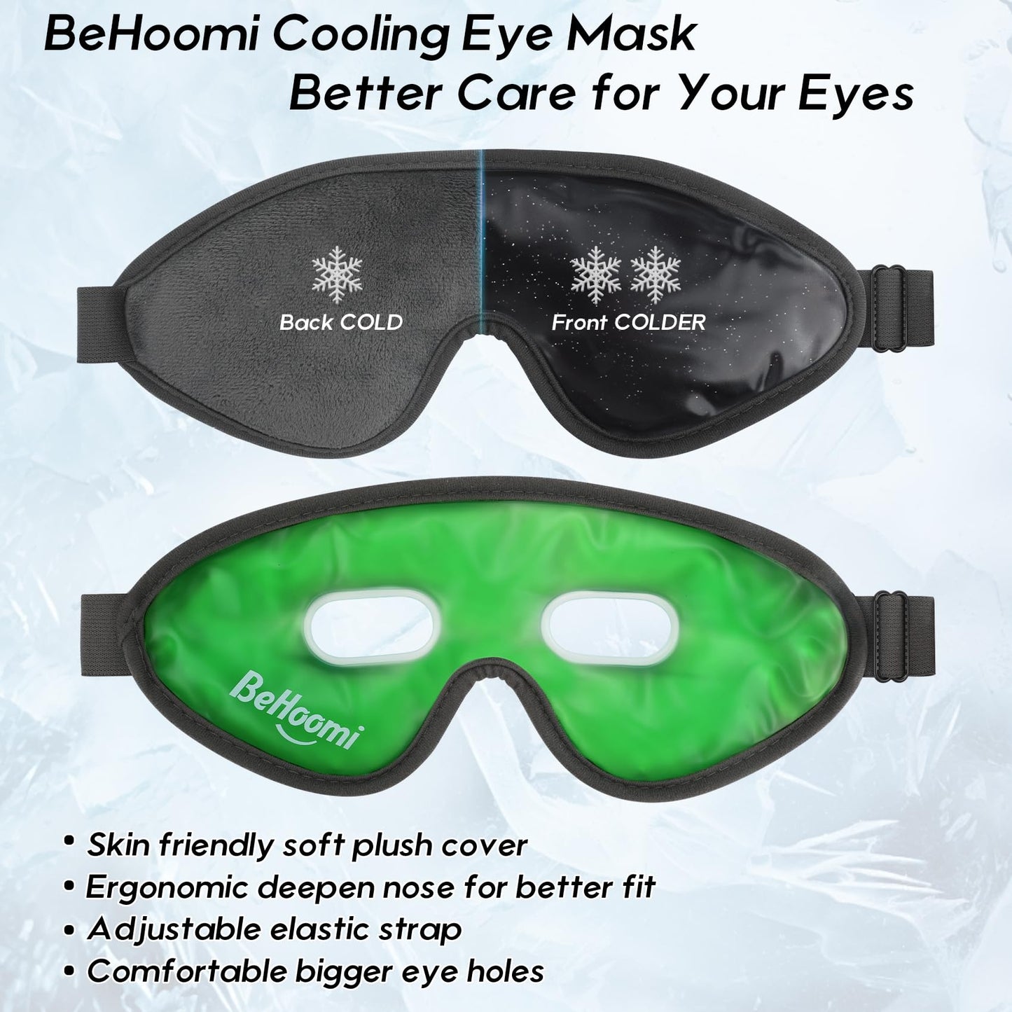 BeHoomi Cooling Eye Mask, Gel Eye Mask Cold Compress for Eyes, Reusable Eye Ice Pack, Cool Relaxation, Comfort Snug Fit, No Freeze, Eye Cover Ice Mask for Home, Office, 2PCS, Black & Green